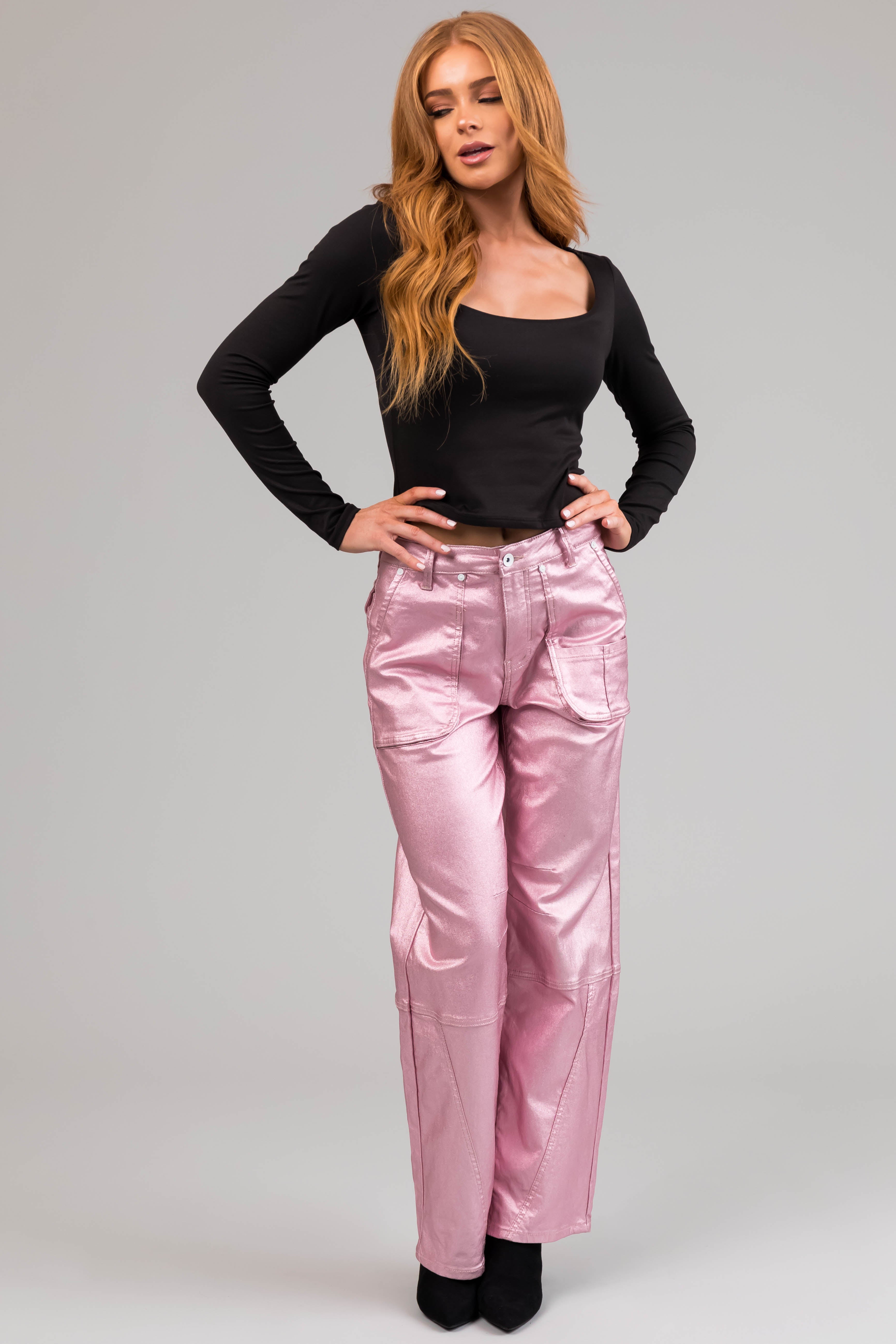 Special A Baby Pink Metallic Cargo Jeans-Newayad