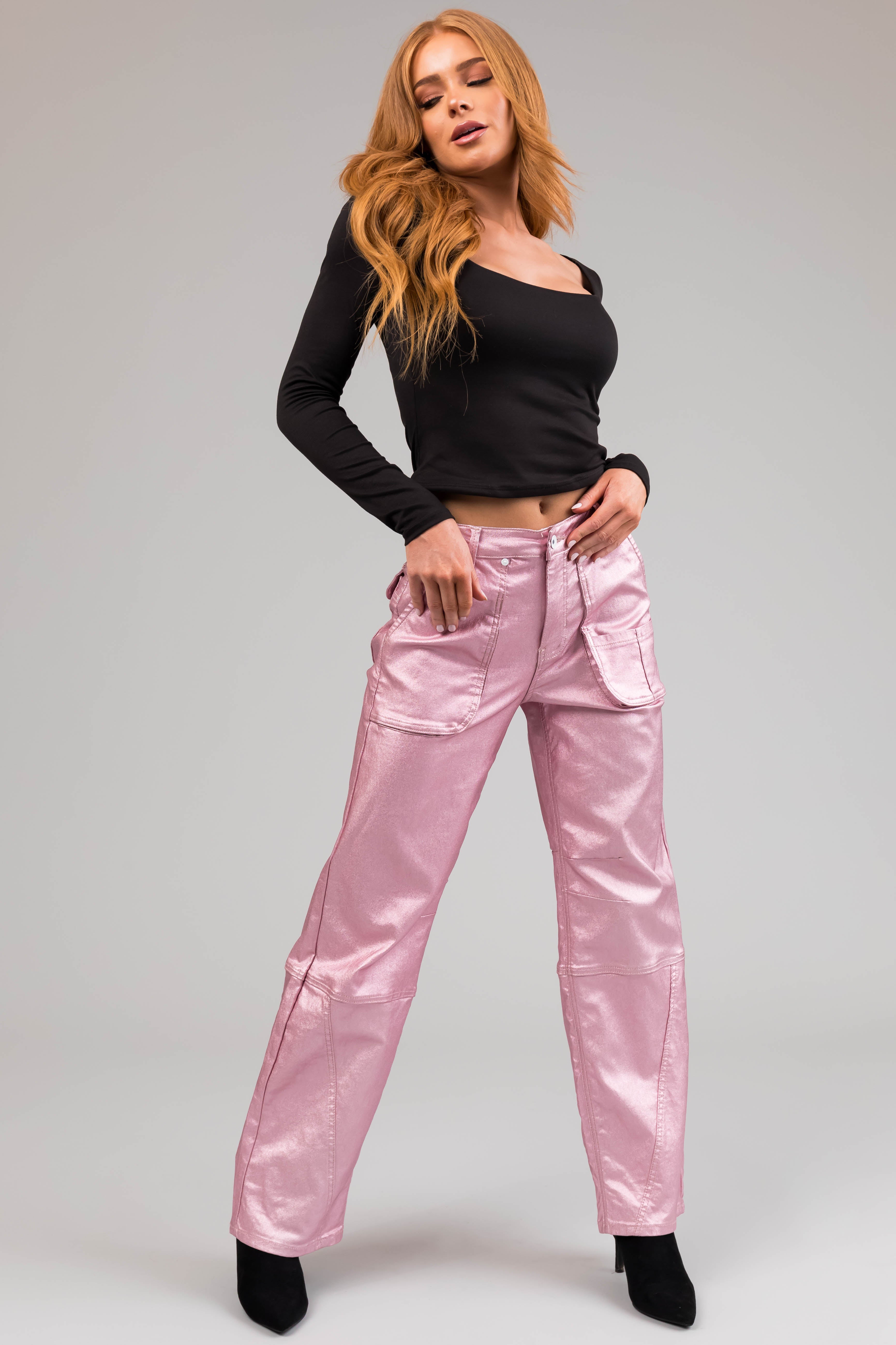 Special A Baby Pink Metallic Cargo Jeans-Newayad