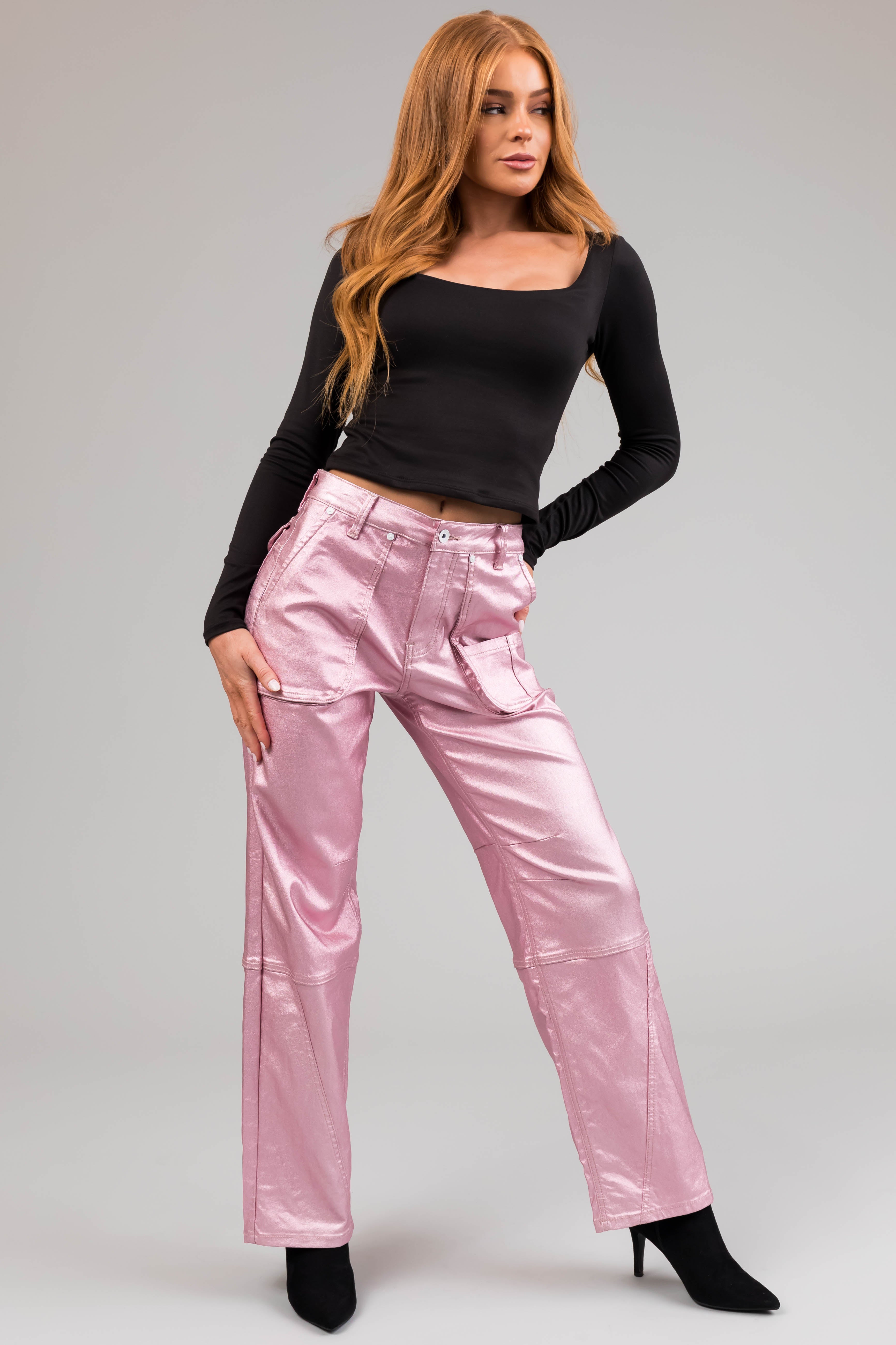 Special A Baby Pink Metallic Cargo Jeans-Newayad