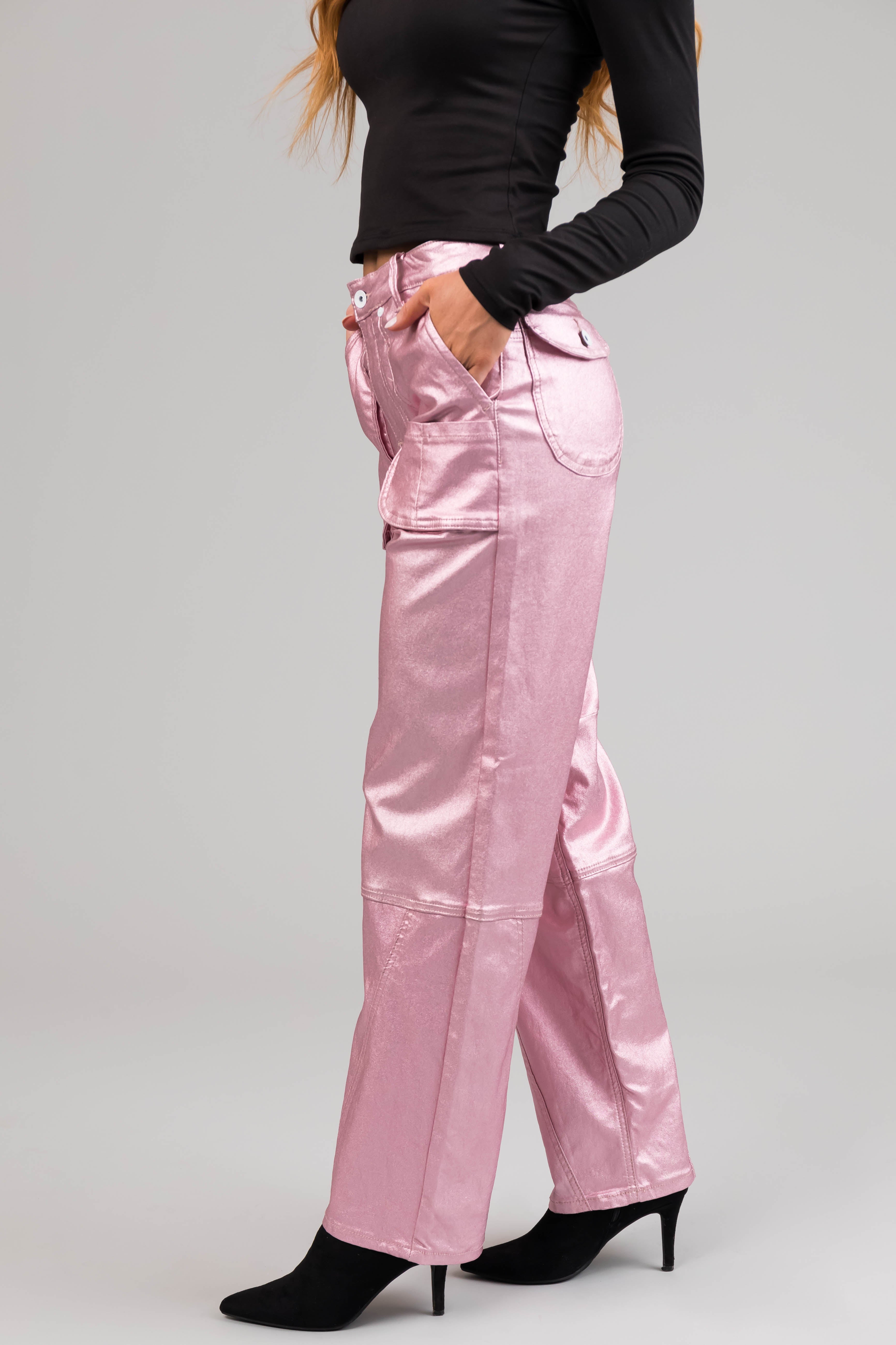 Special A Baby Pink Metallic Cargo Jeans-Newayad
