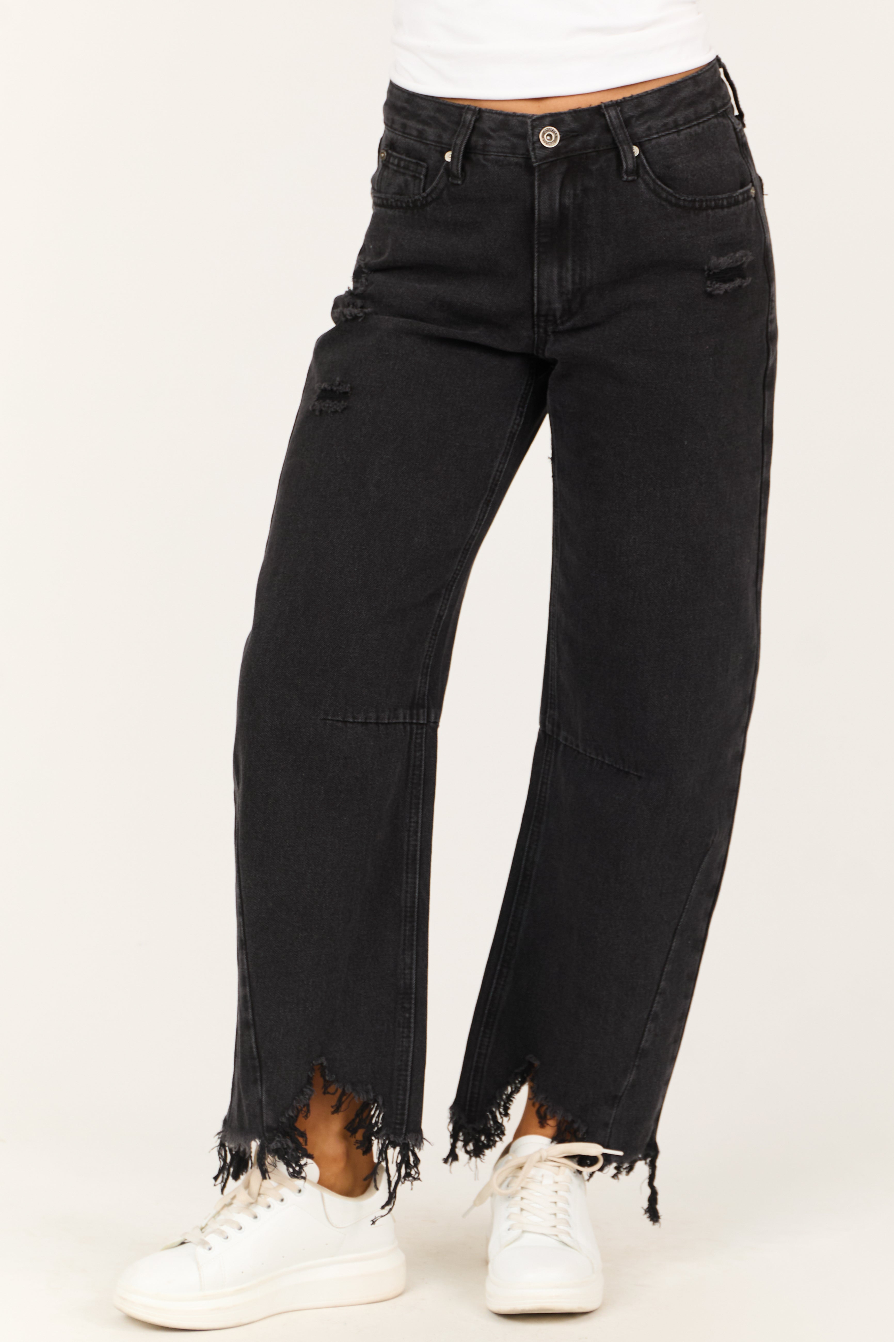 Special A Black Distressed High Rise Barrel Jeans-Newayad