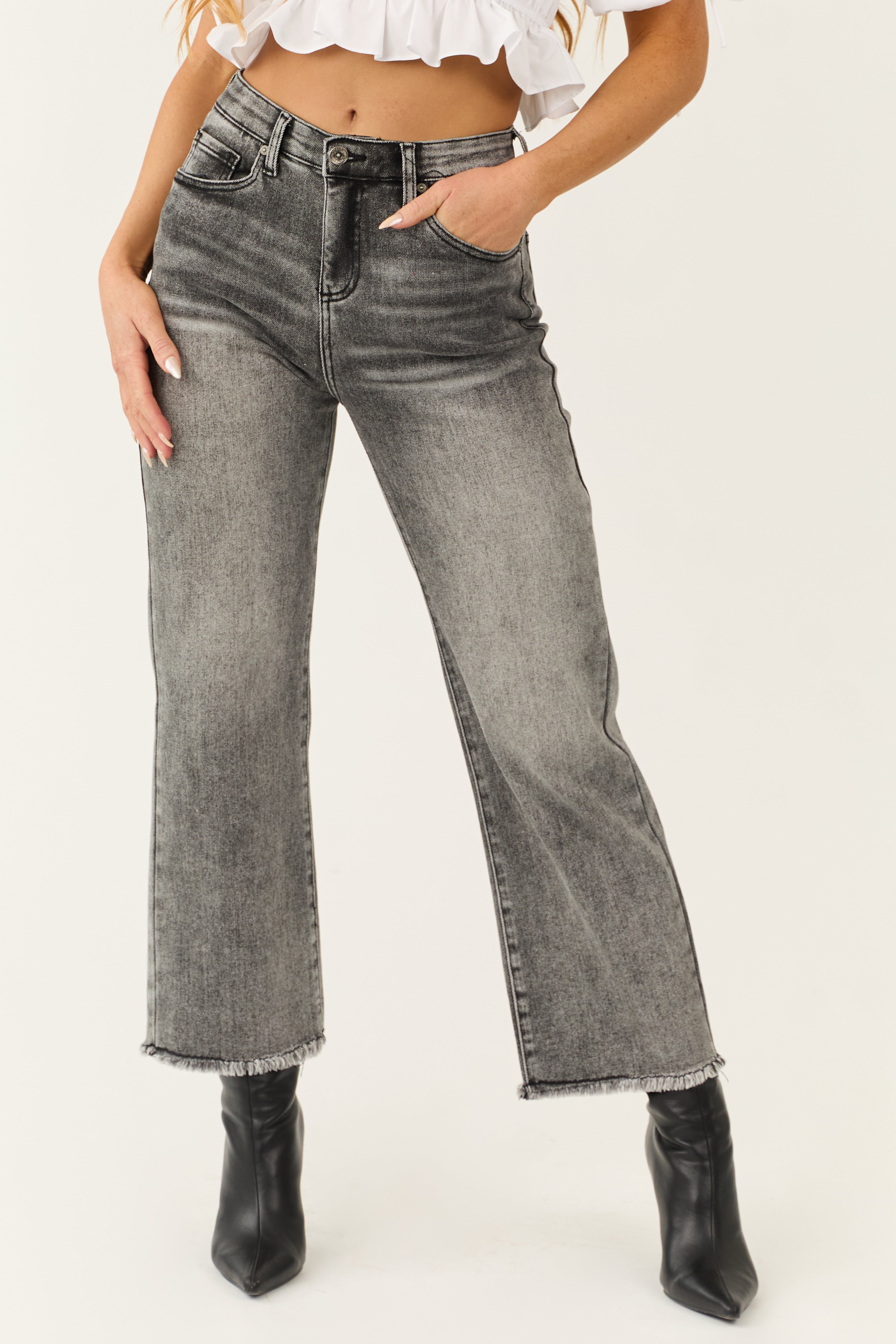 Special A Black Wash Tummy Control Wide Jeans-Newayad