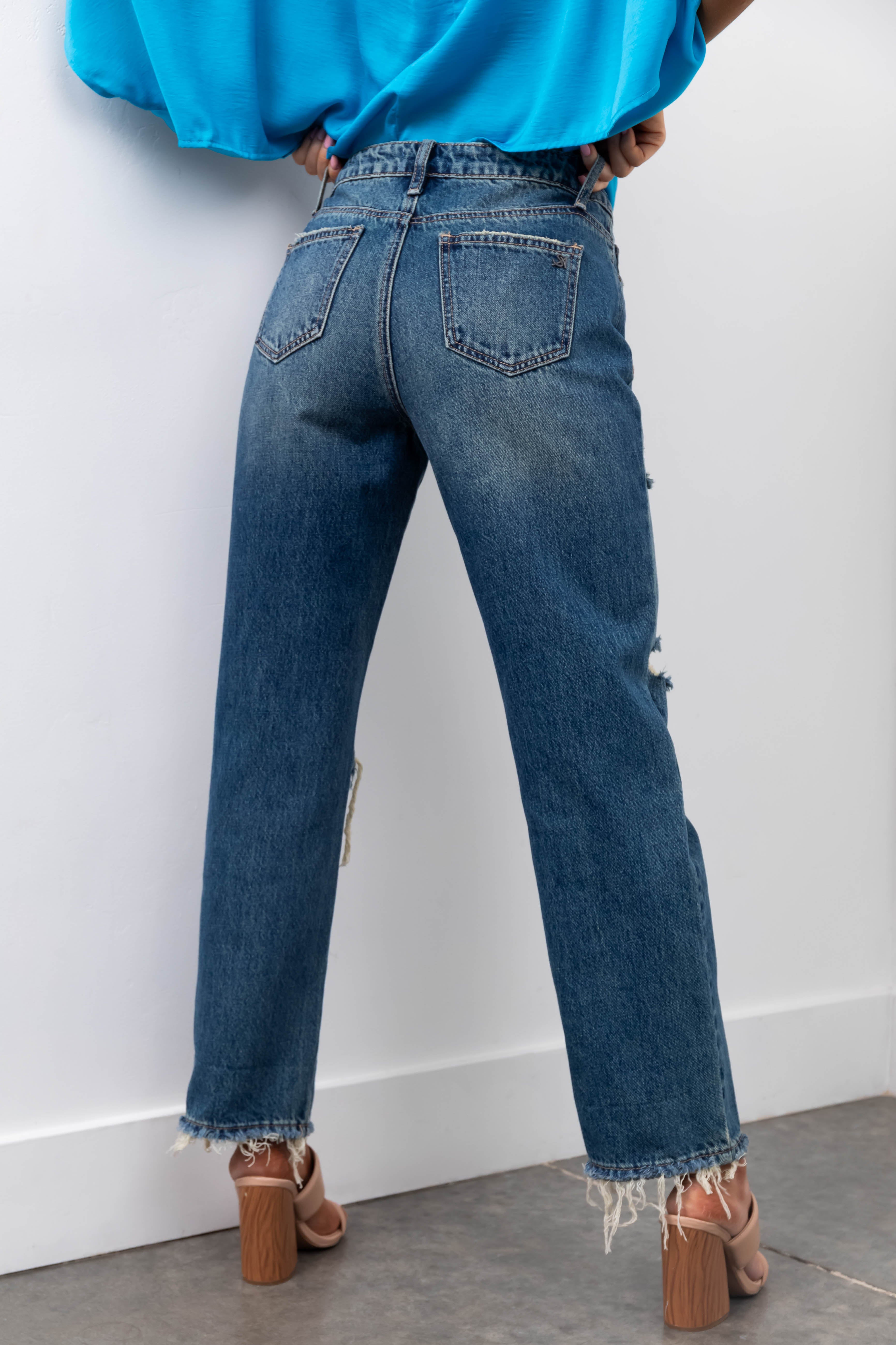 Special A Dark Wash Distressed Dad Jeans-Newayad