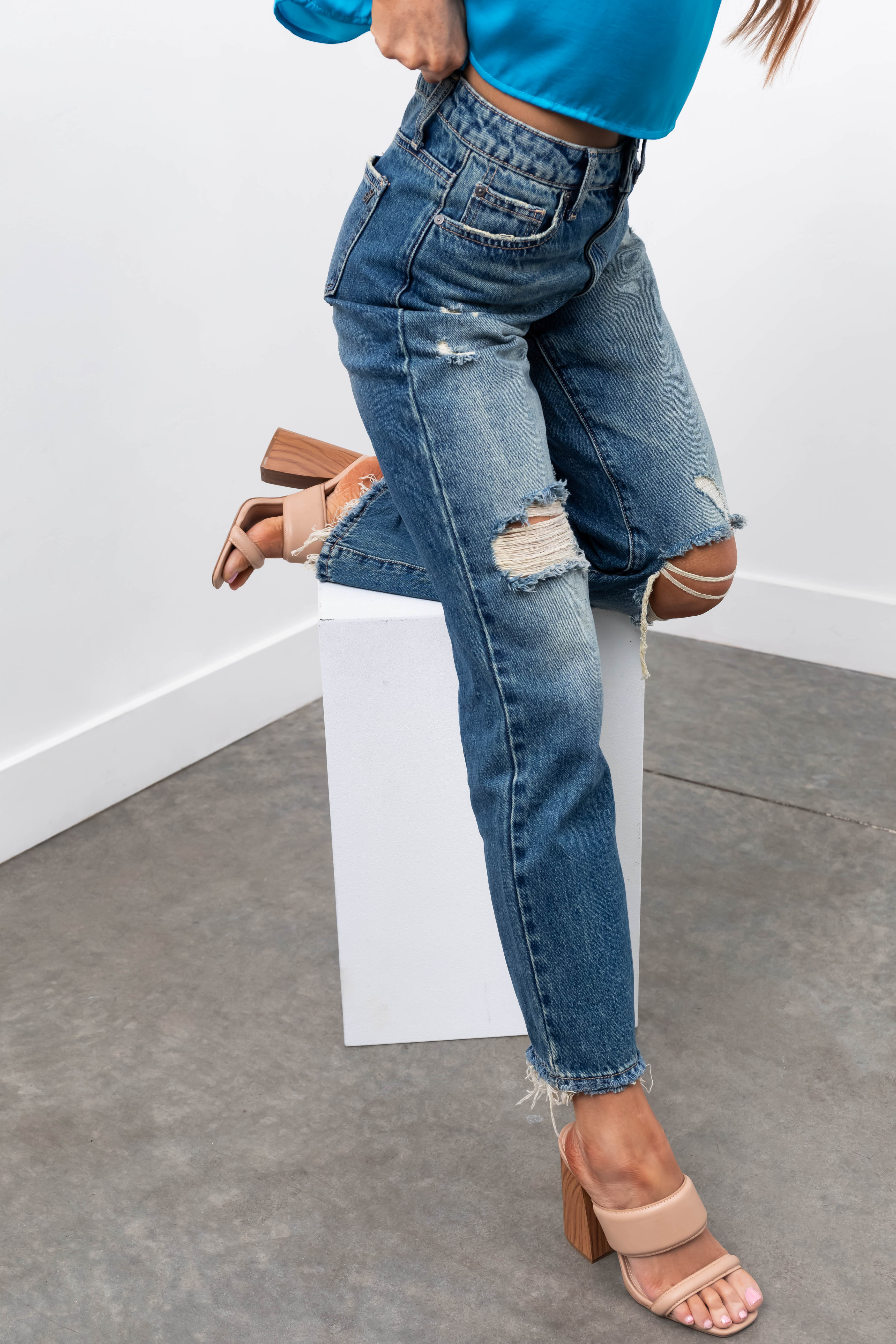 Special A Dark Wash Distressed Dad Jeans-Newayad