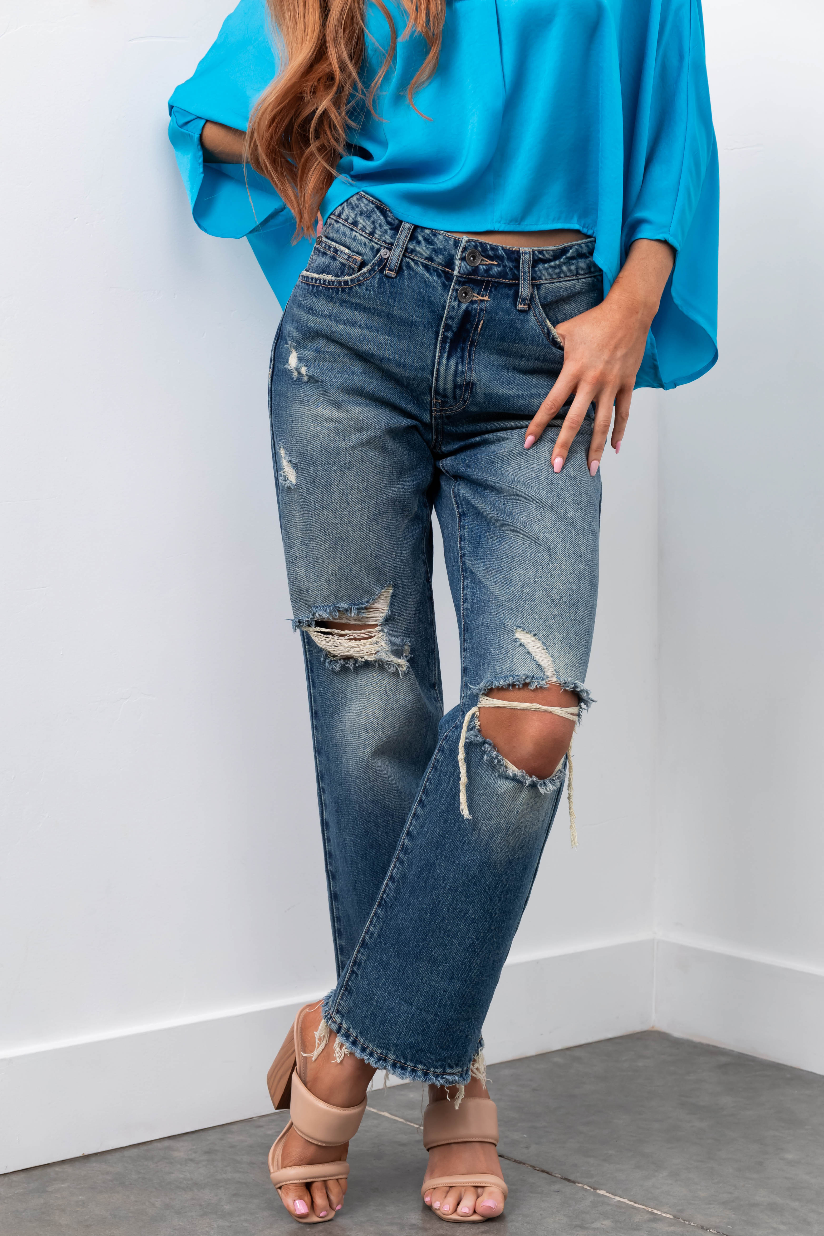 Special A Dark Wash Distressed Dad Jeans-Newayad