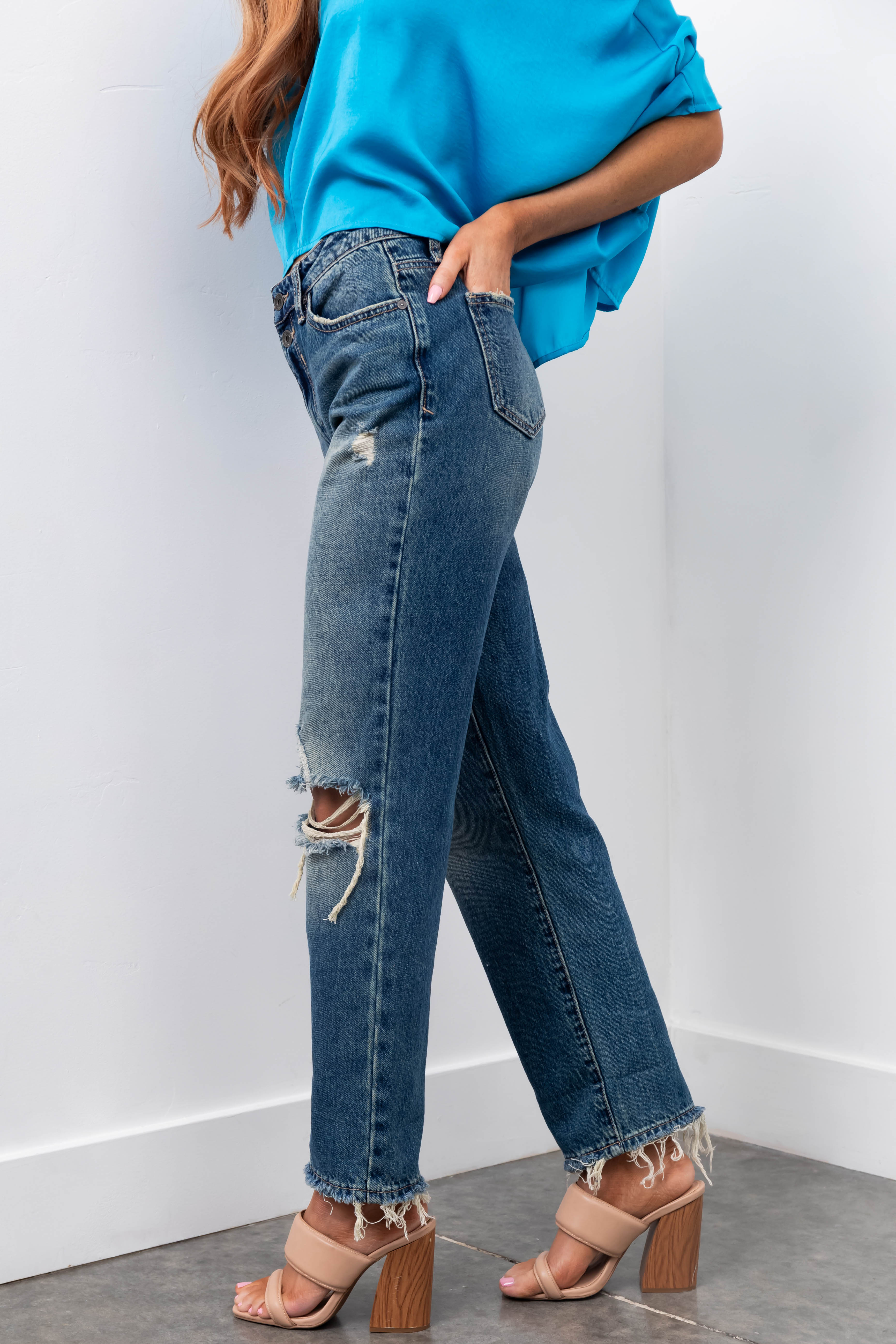 Special A Dark Wash Distressed Dad Jeans-Newayad