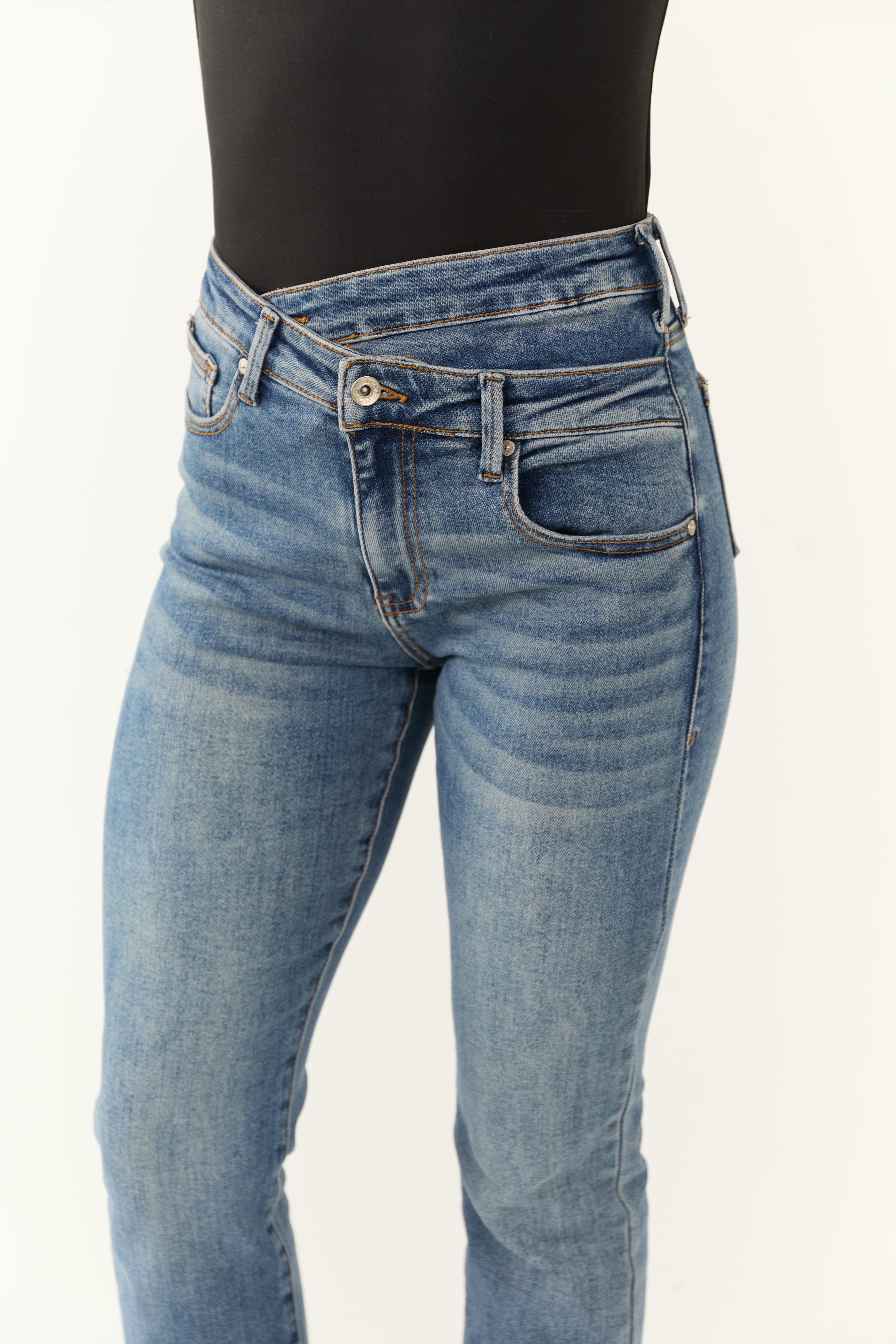 Special A Medium Wash Crossover Straight Leg Jeans-Newayad