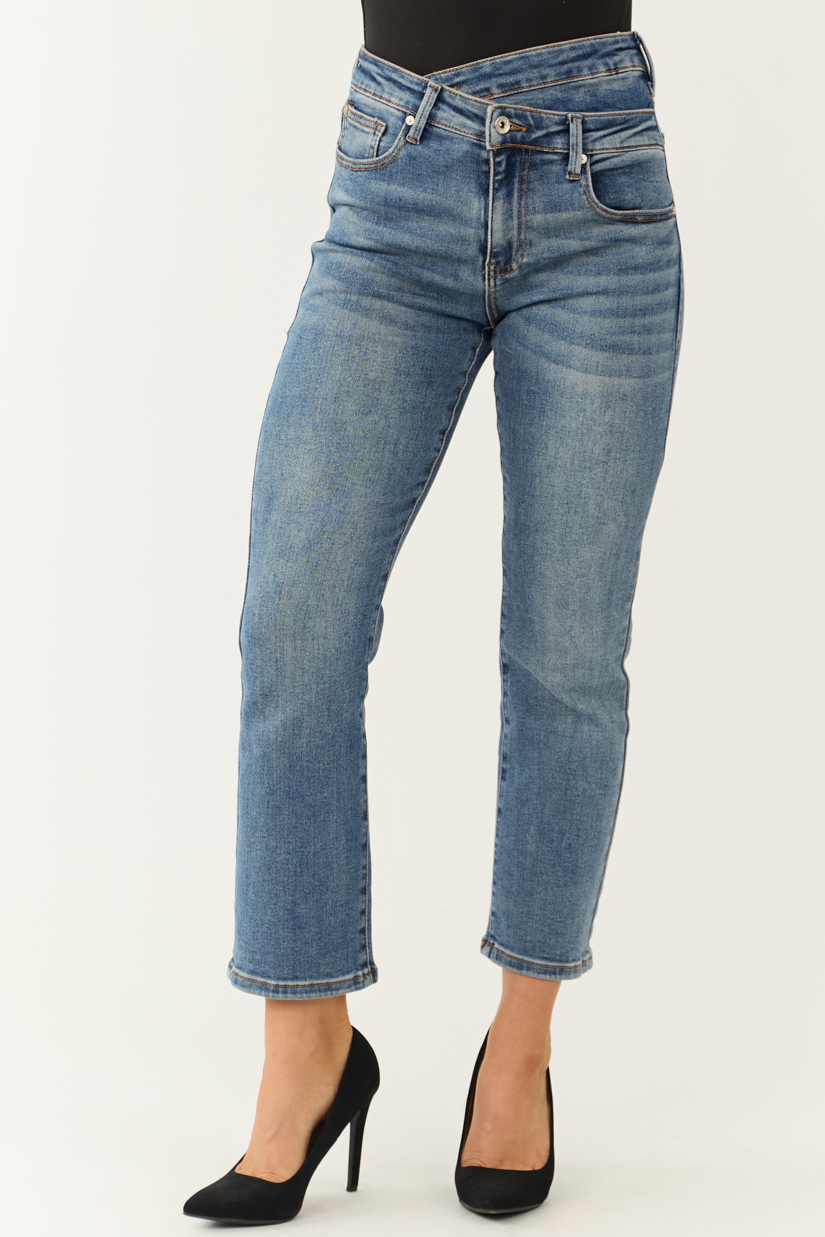 Special A Medium Wash Crossover Straight Leg Jeans-Newayad