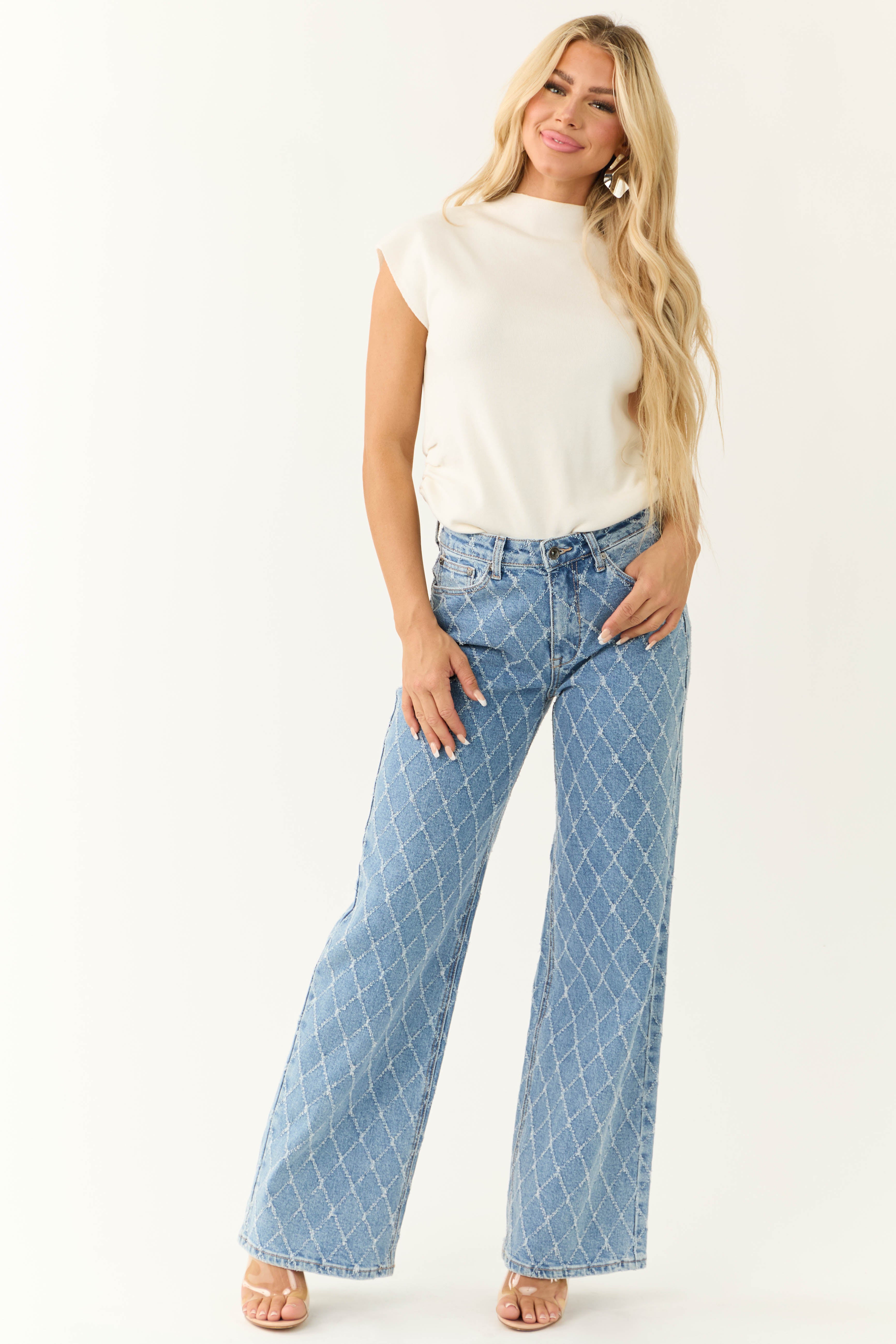 Special A Medium Wash Quilted Pattern Jeans-Newayad