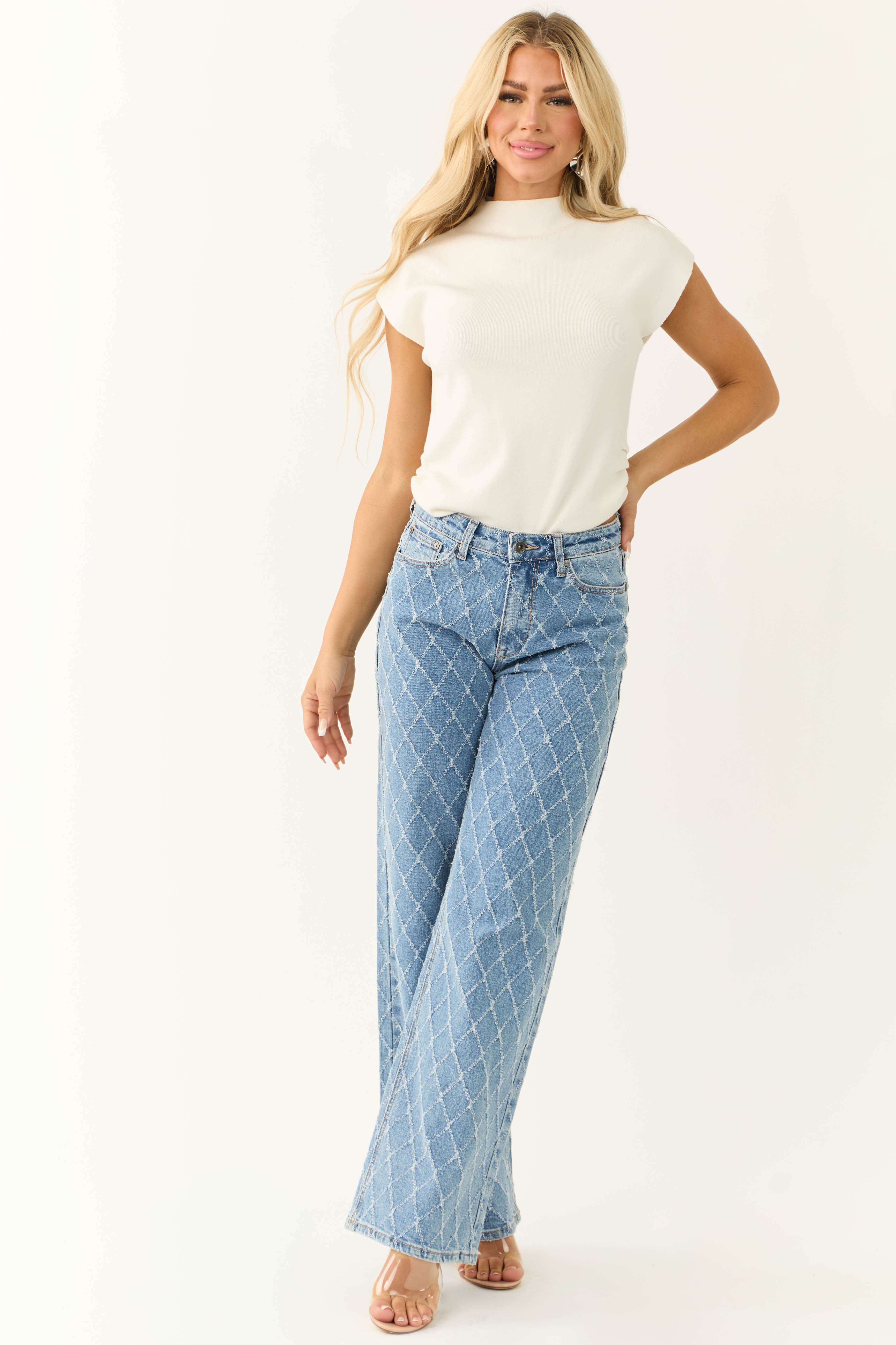 Special A Medium Wash Quilted Pattern Jeans-Newayad