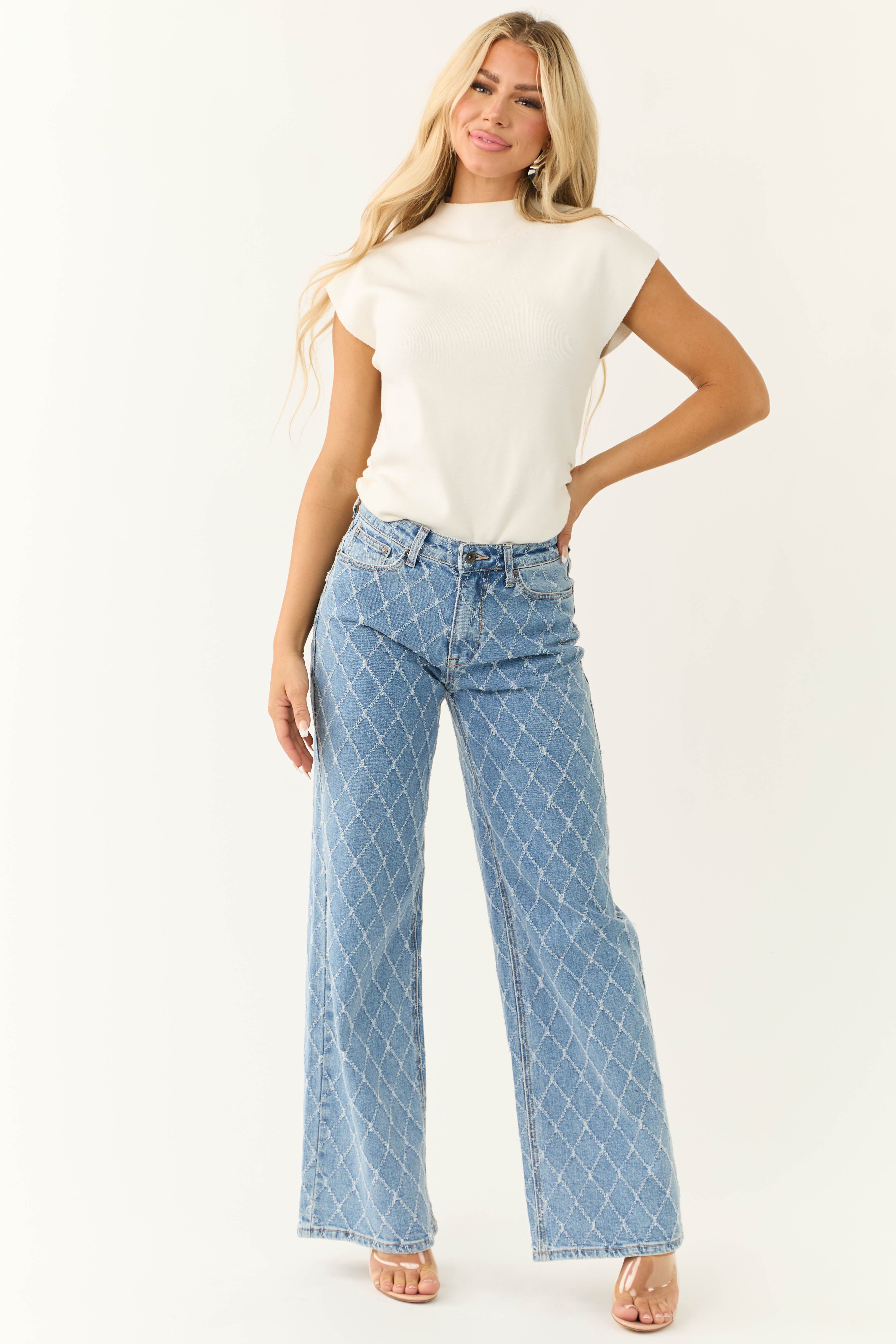Special A Medium Wash Quilted Pattern Jeans-Newayad