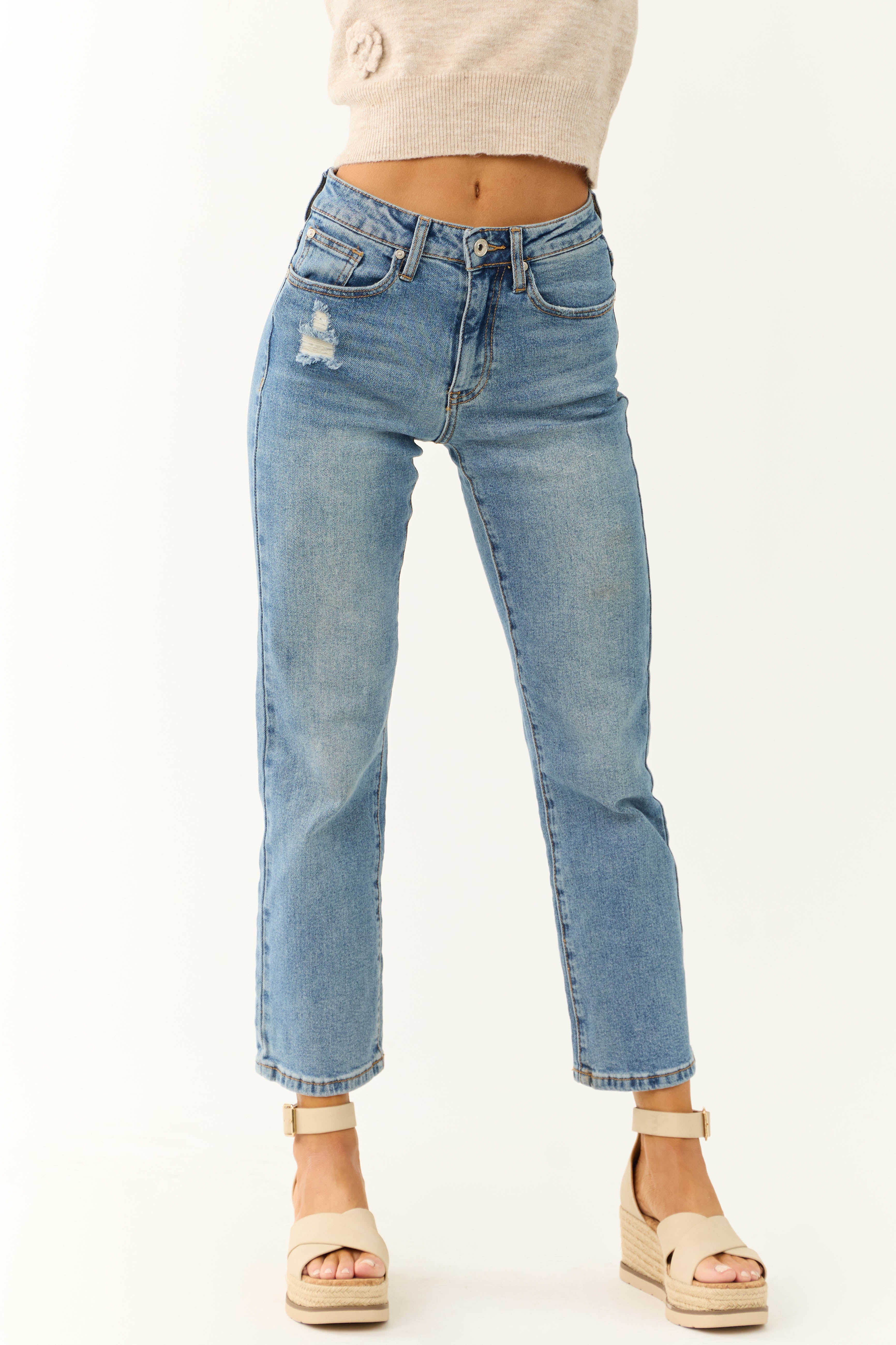 Special A Medium Wash Straight Leg Ankle Jeans-Newayad