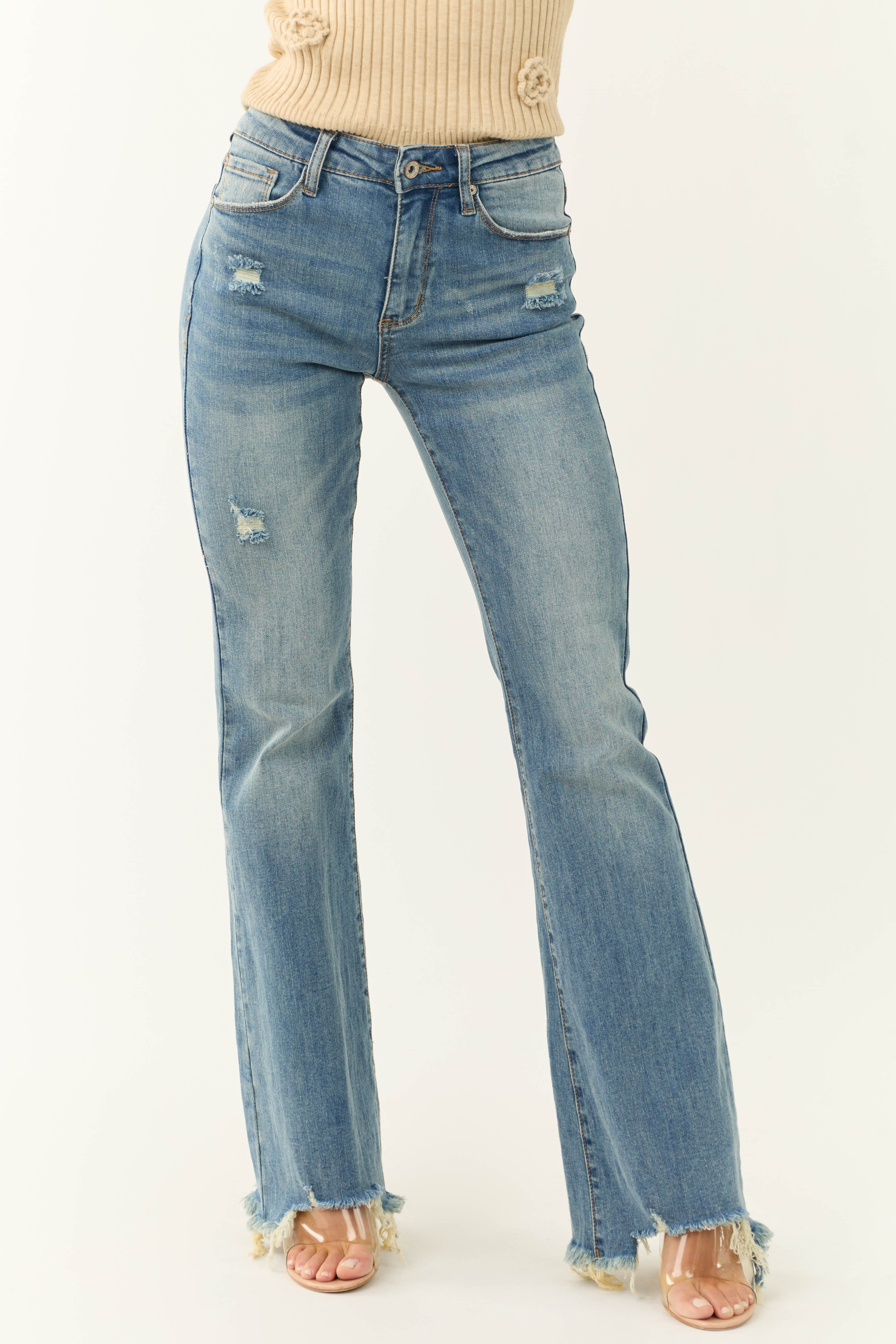 Special A Mid Rise Raw Hem Bootcut Jeans-Newayad