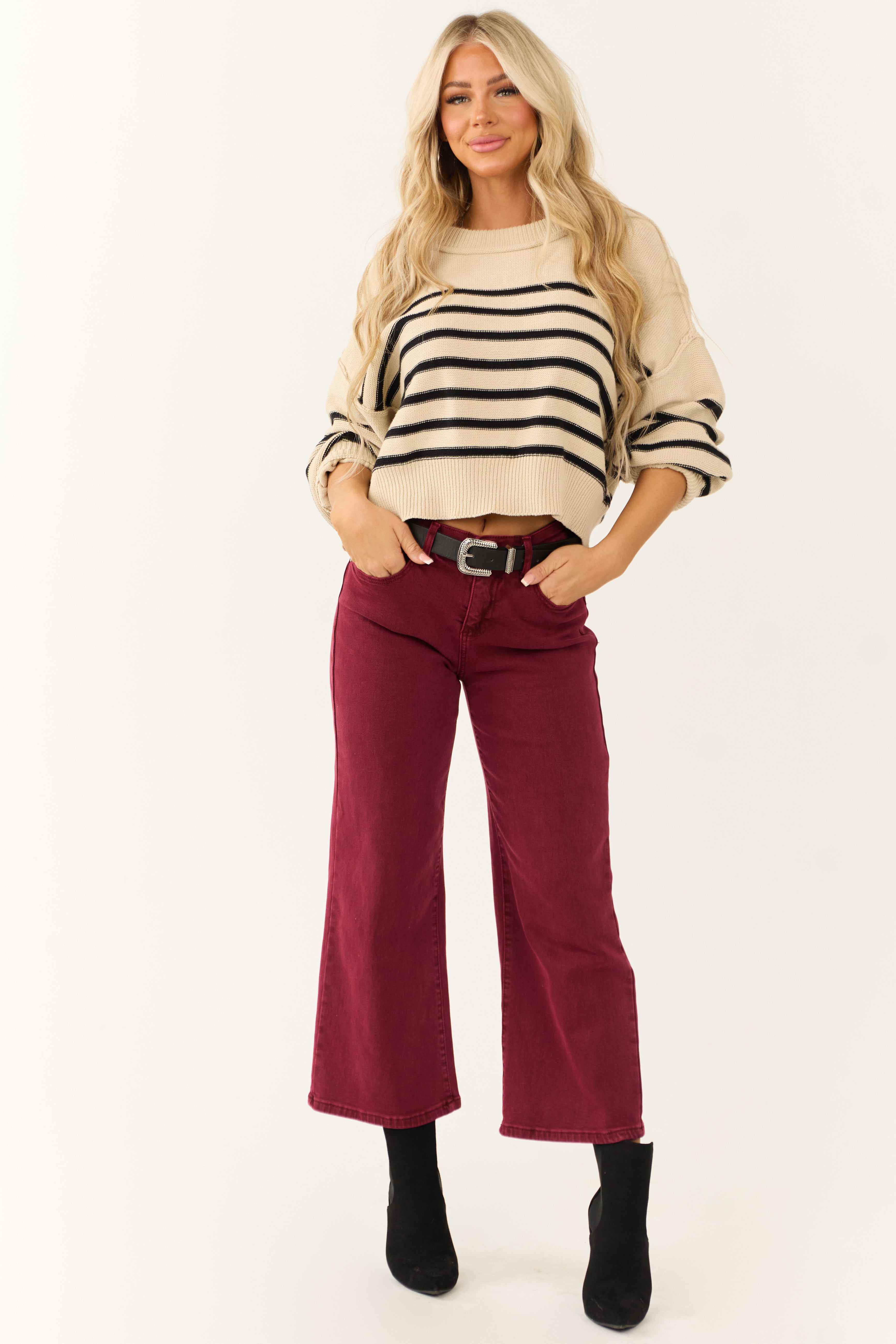 Special A Wine Tummy Control Wide Leg Jeans-Newayad