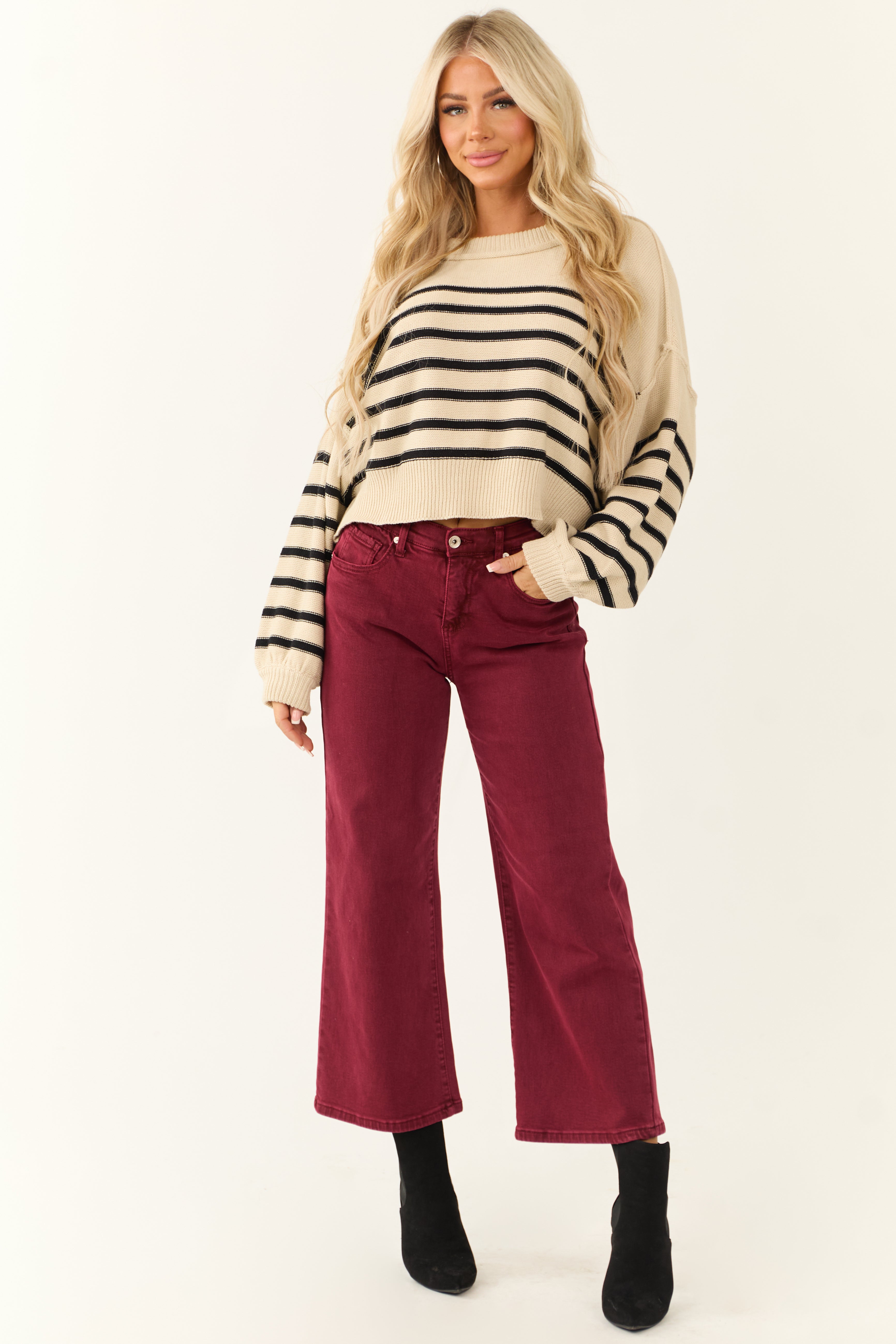 Special A Wine Tummy Control Wide Leg Jeans-Newayad