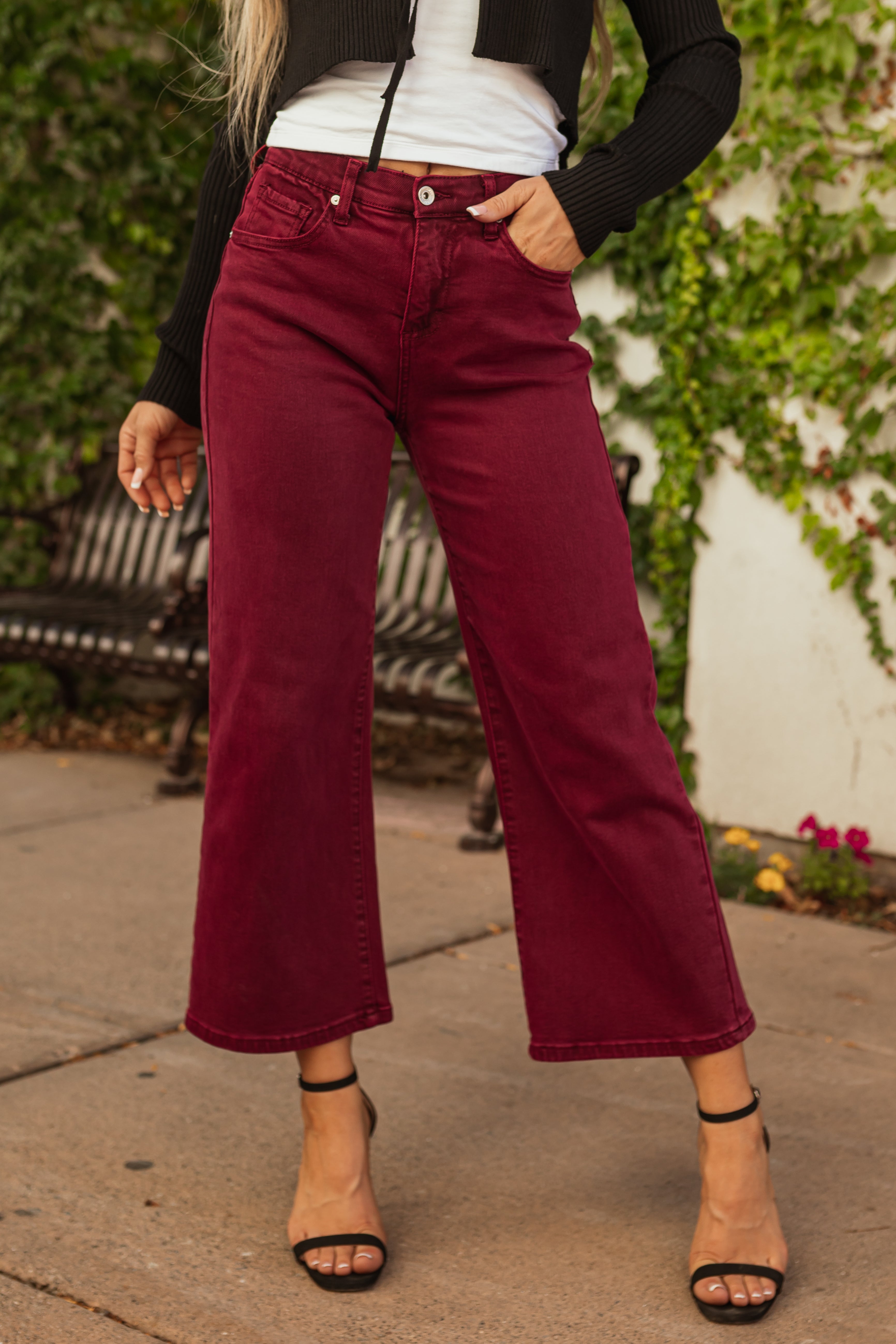 Special A Wine Tummy Control Wide Leg Jeans-Newayad