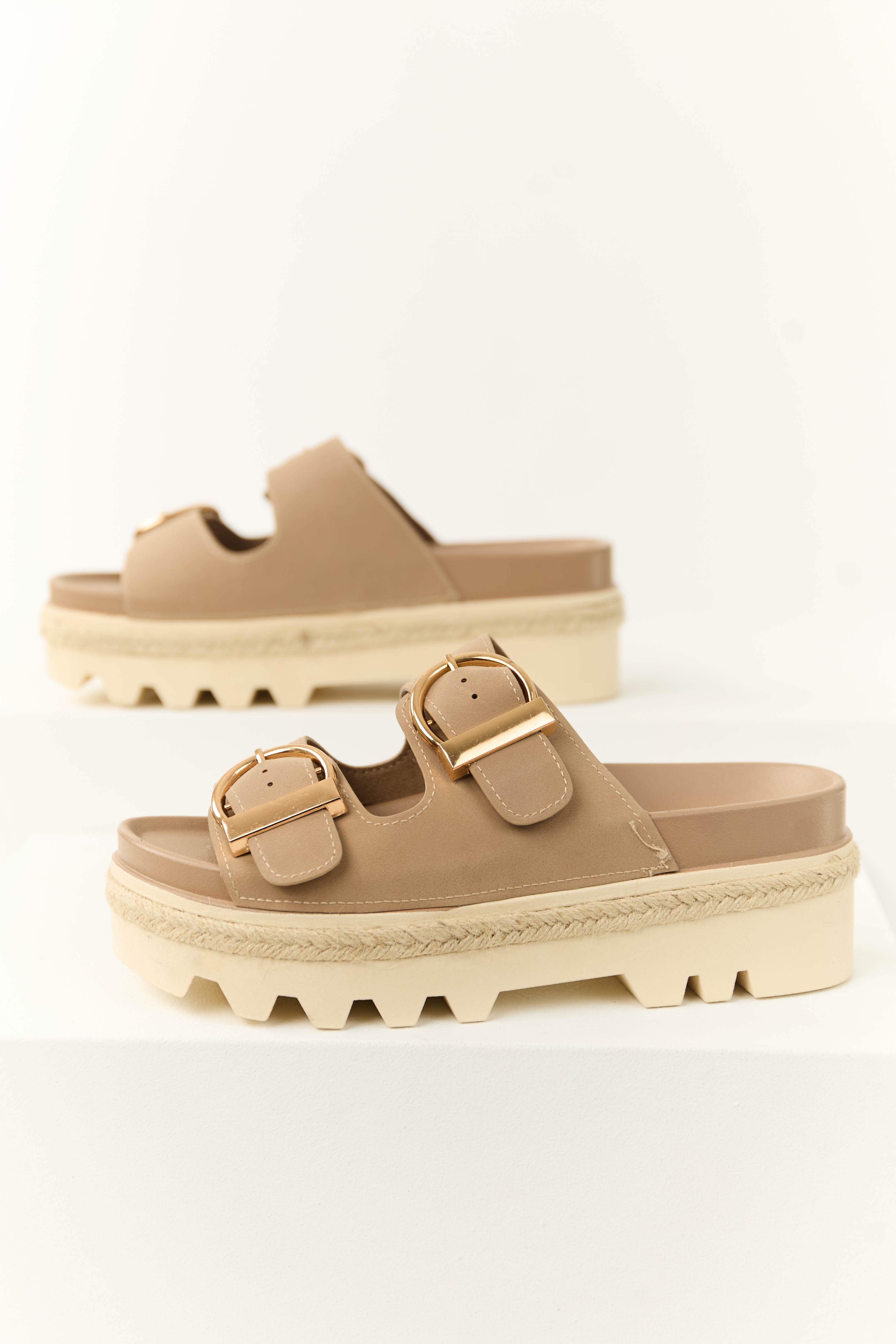 Taupe Platform Buckle Strap Sandals-Newayad