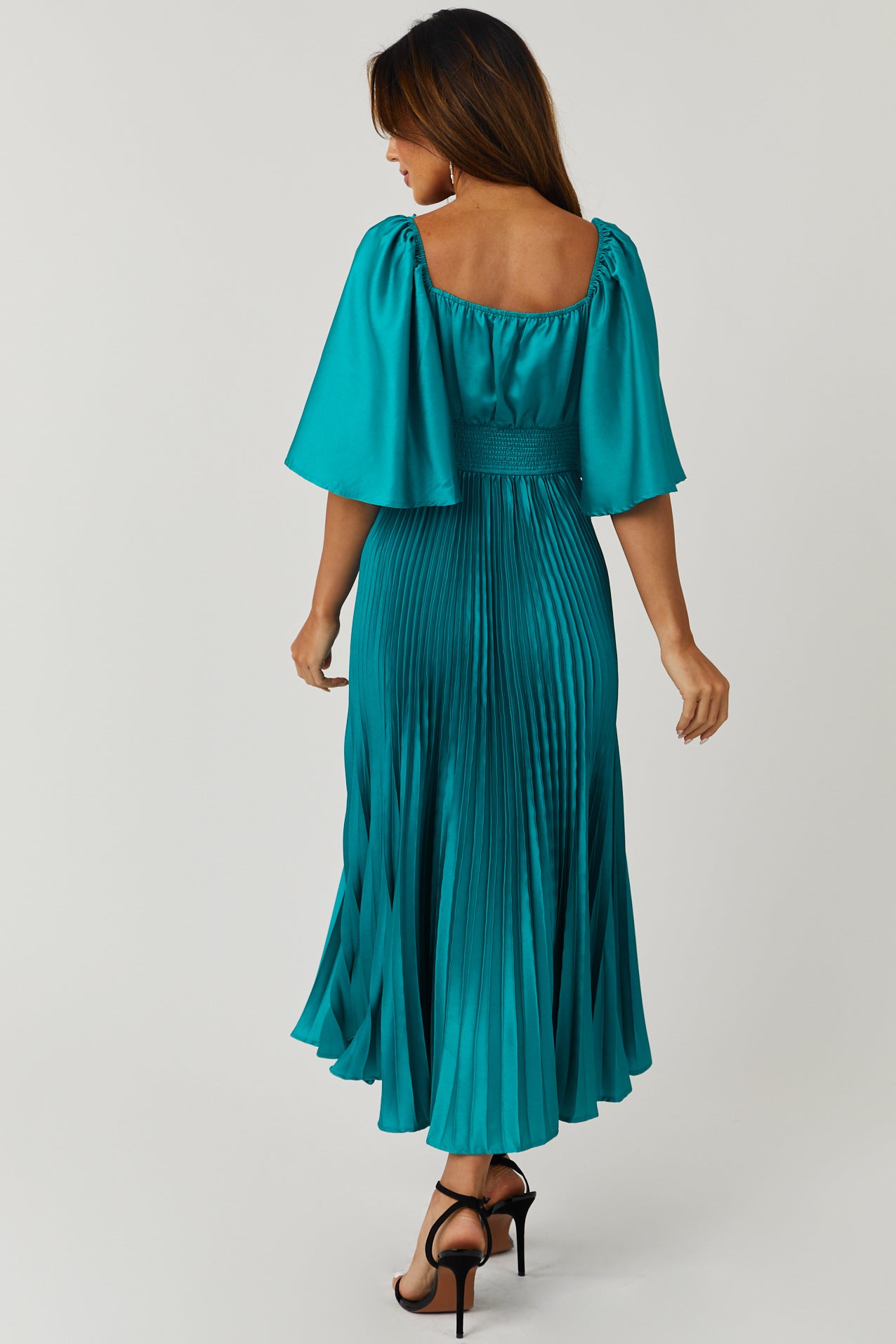 Flying Tomato Teal Bell Sleeve Pleated Satin Midi Dress-Newayad