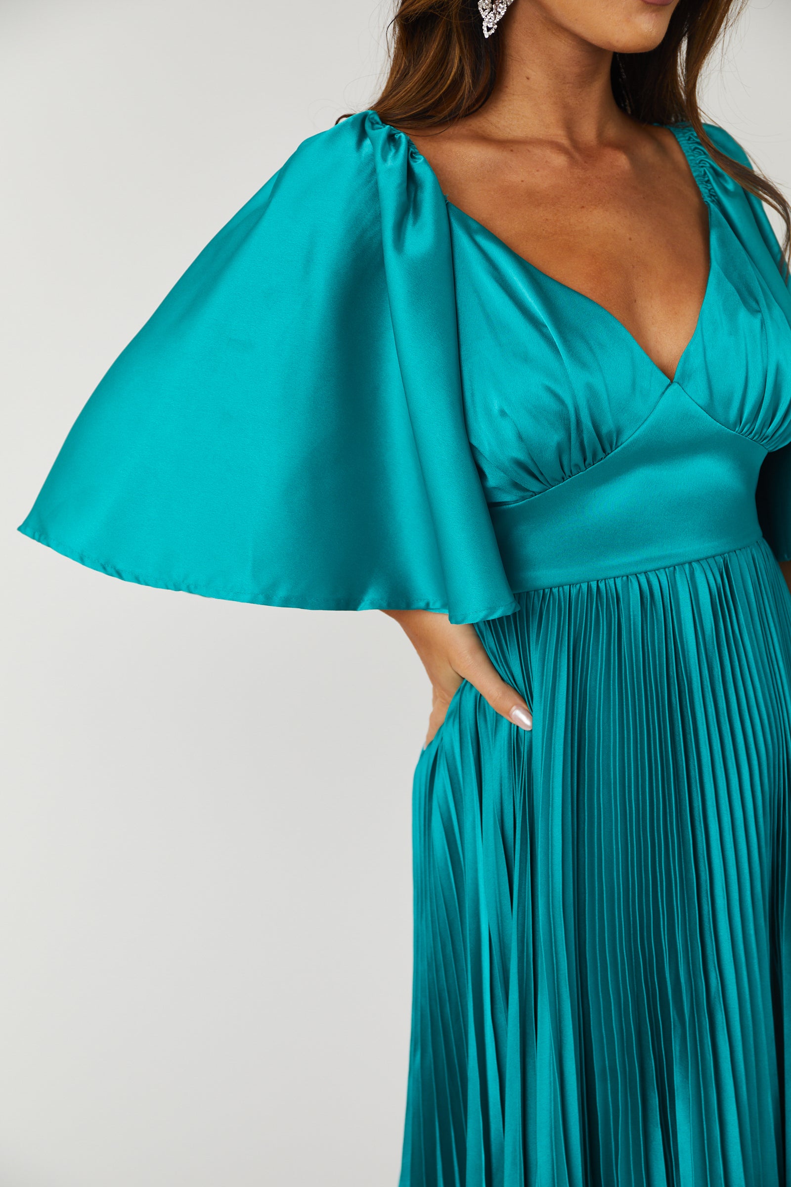 Flying Tomato Teal Bell Sleeve Pleated Satin Midi Dress-Newayad
