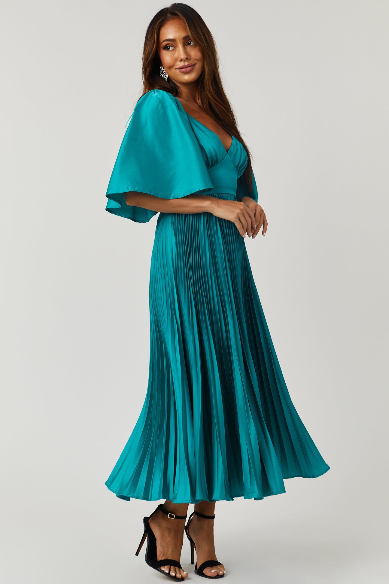 Flying Tomato Teal Bell Sleeve Pleated Satin Midi Dress-Newayad