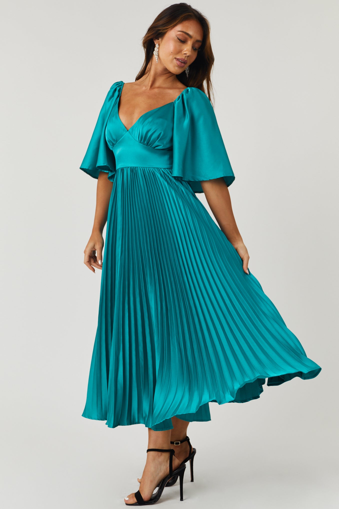 Flying Tomato Teal Bell Sleeve Pleated Satin Midi Dress-Newayad