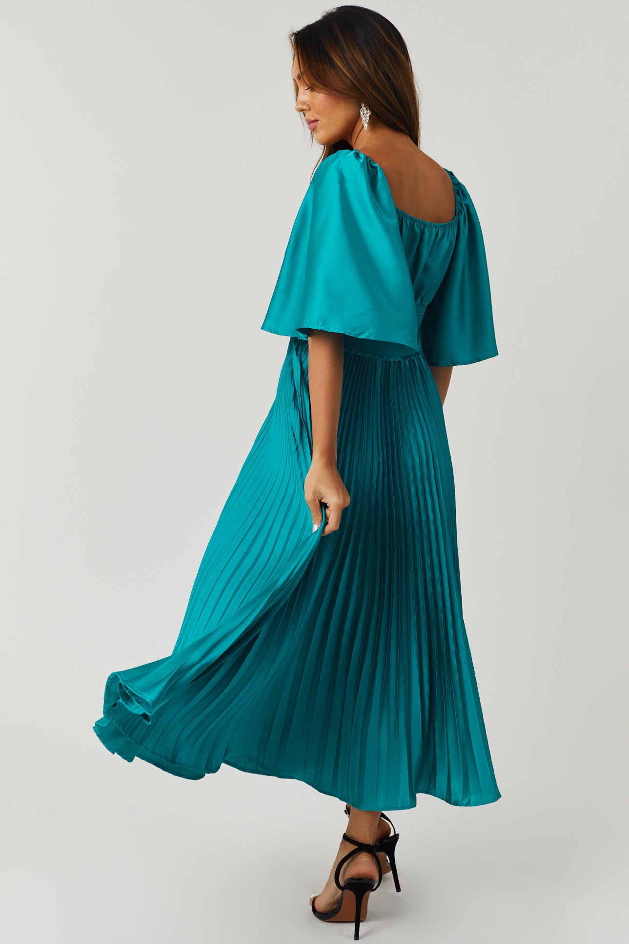 Flying Tomato Teal Bell Sleeve Pleated Satin Midi Dress-Newayad