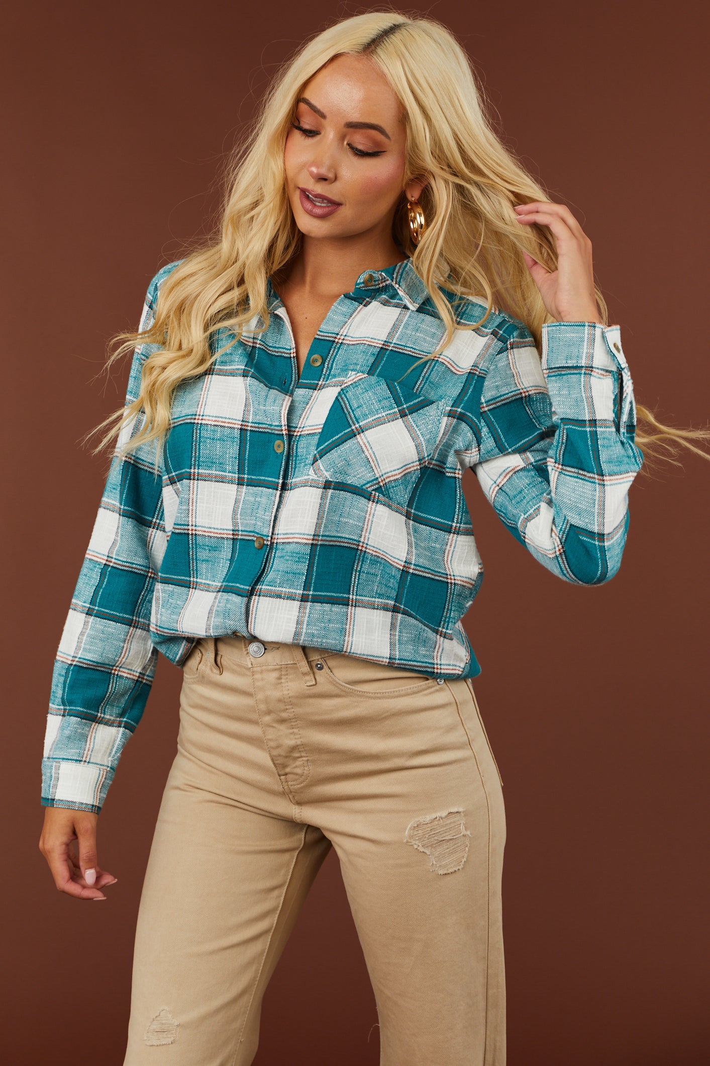 Teal Plaid Cotton Lightweight Shirt Jacket-Newayad