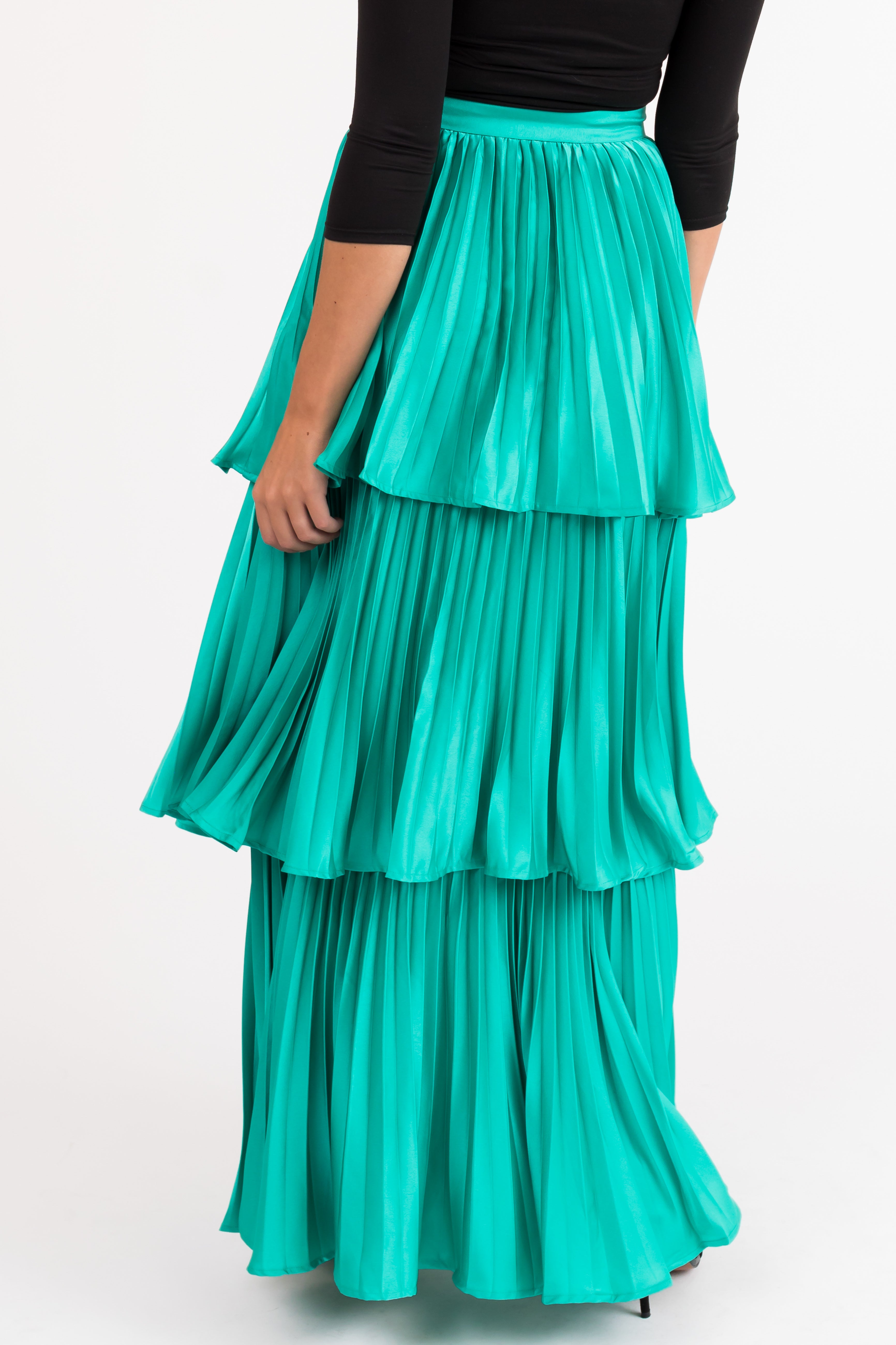 Flying Tomato Teal Pleated Ruffle Layered Maxi Skirt-Newayad