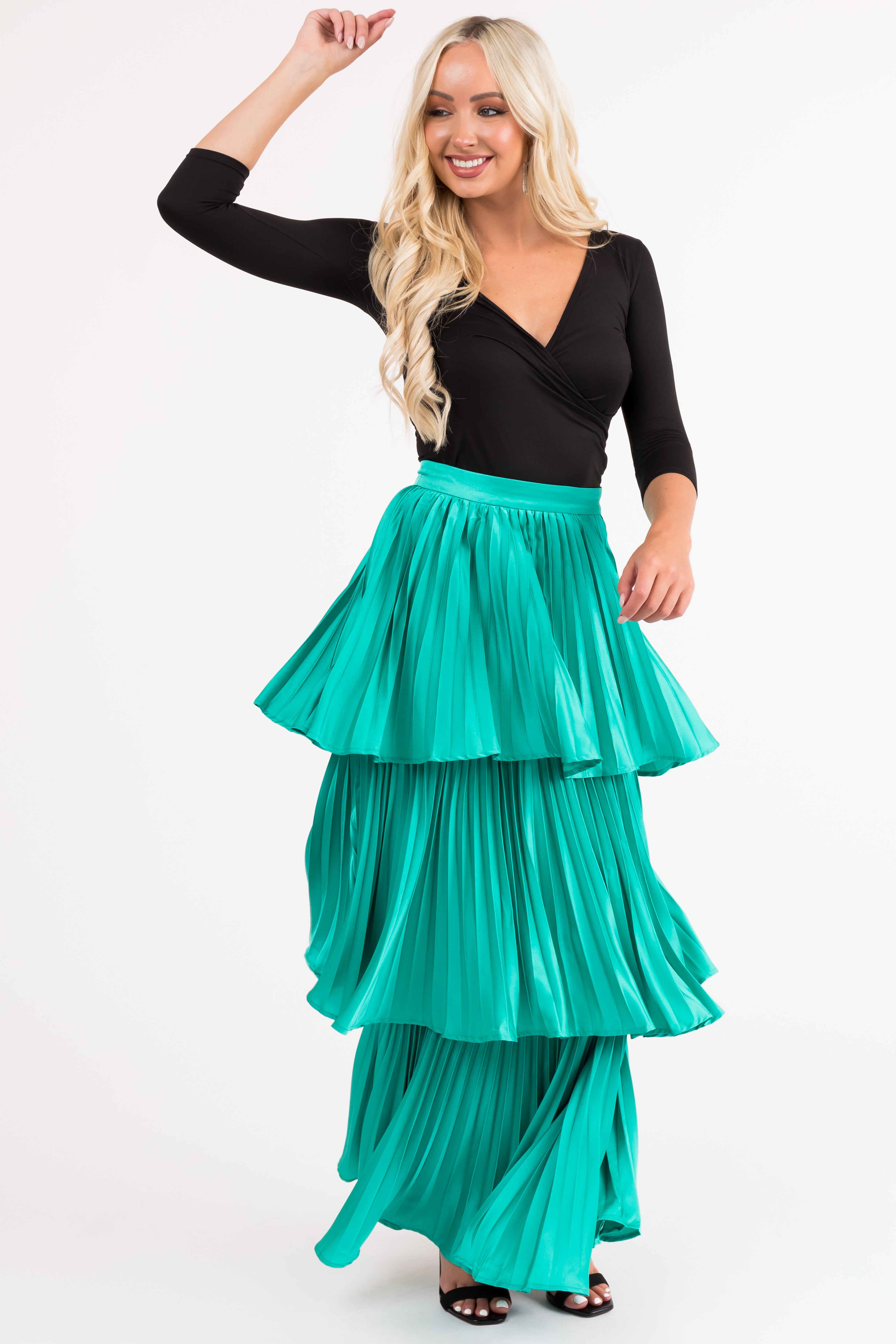 Flying Tomato Teal Pleated Ruffle Layered Maxi Skirt-Newayad