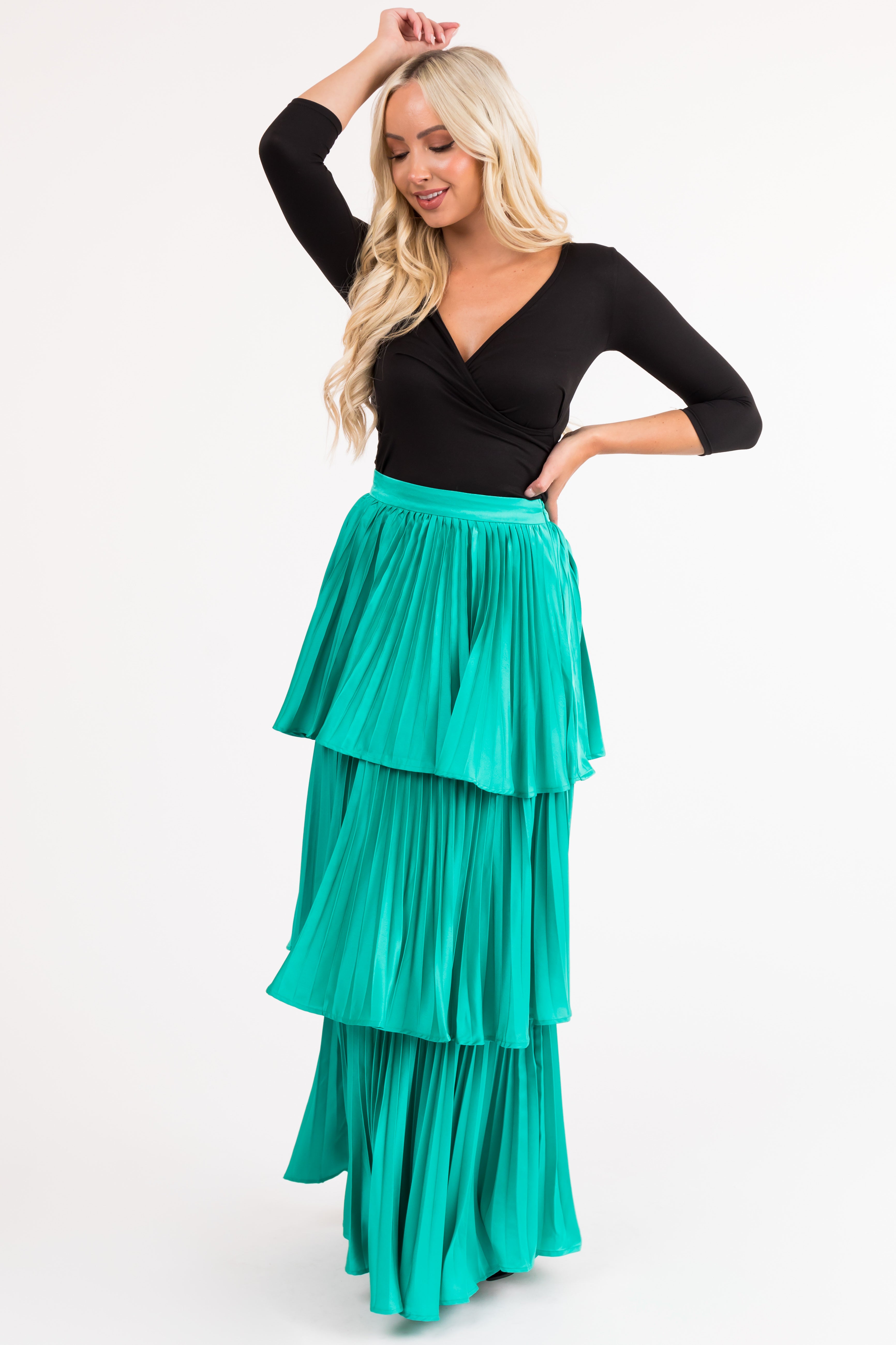 Flying Tomato Teal Pleated Ruffle Layered Maxi Skirt-Newayad
