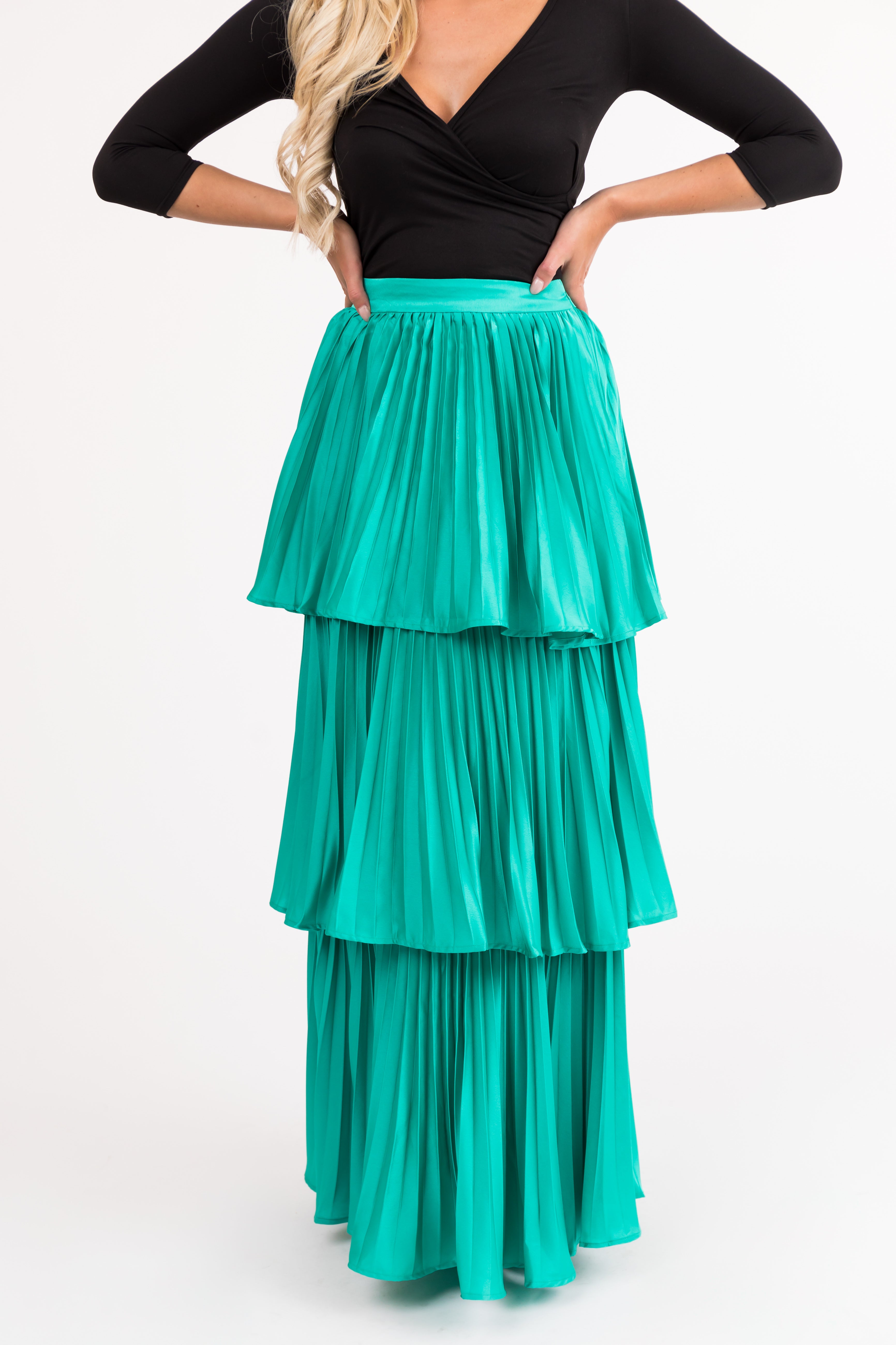 Flying Tomato Teal Pleated Ruffle Layered Maxi Skirt-Newayad