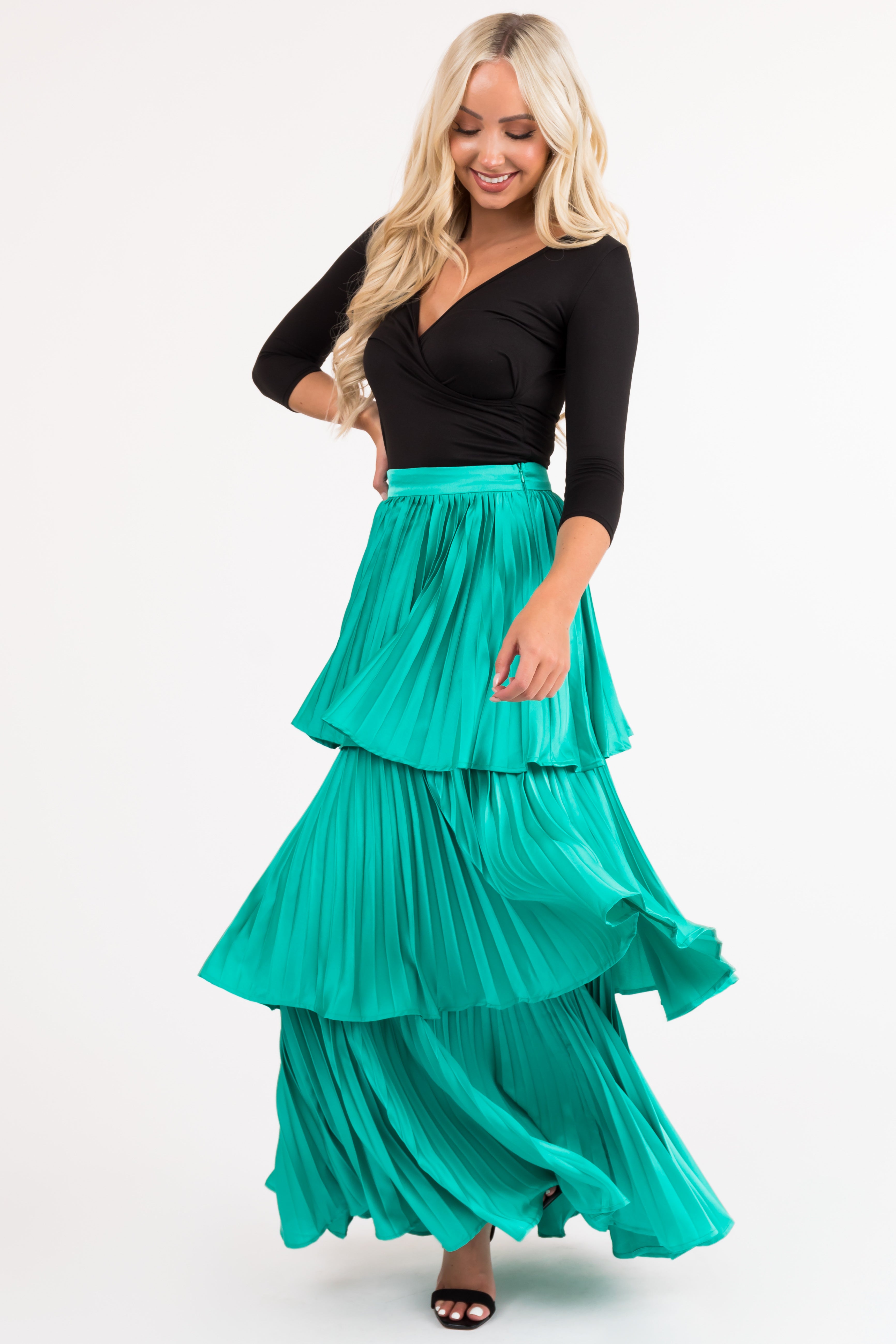 Flying Tomato Teal Pleated Ruffle Layered Maxi Skirt-Newayad