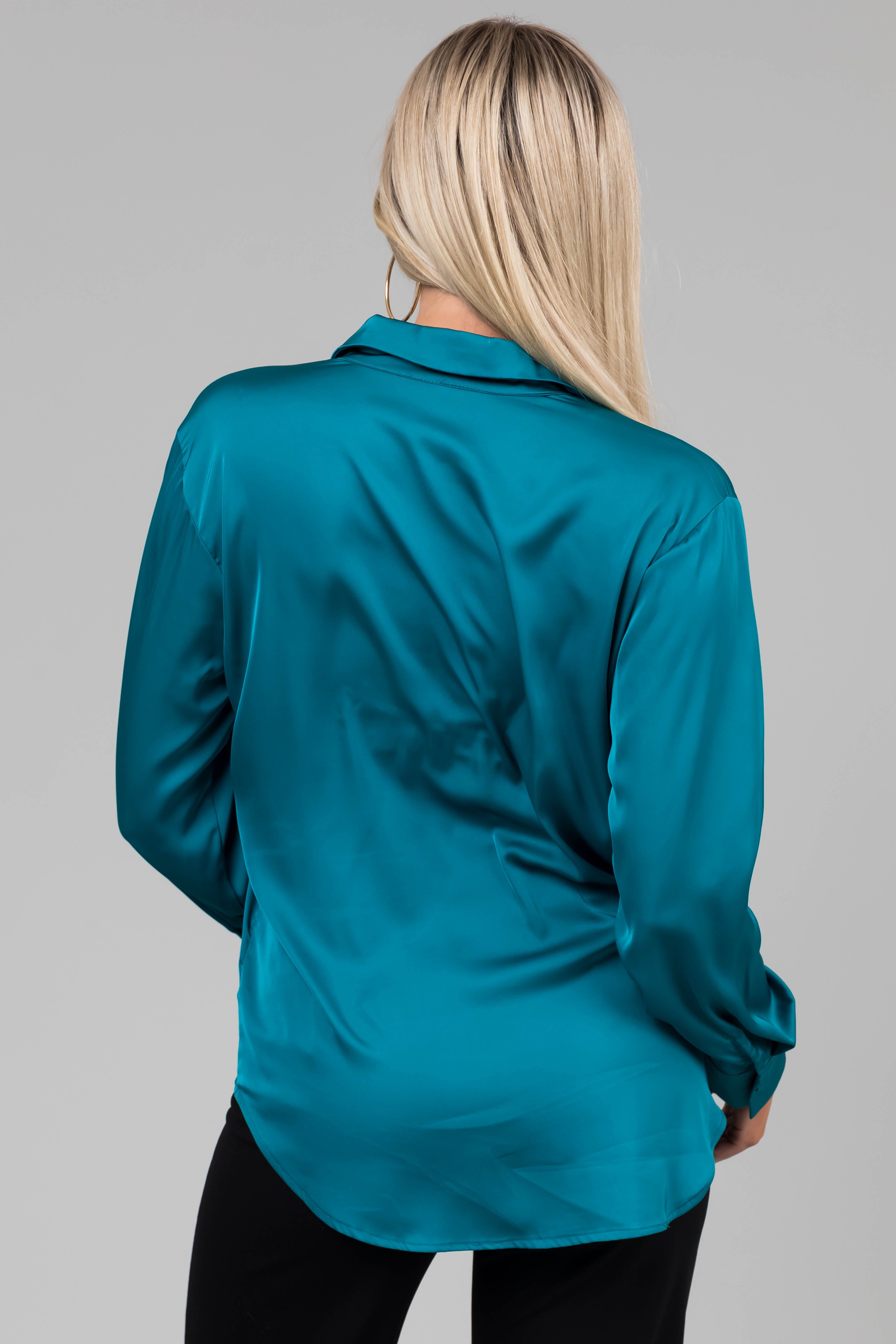 Teal Satin Button Front Collared Shirt-Newayad
