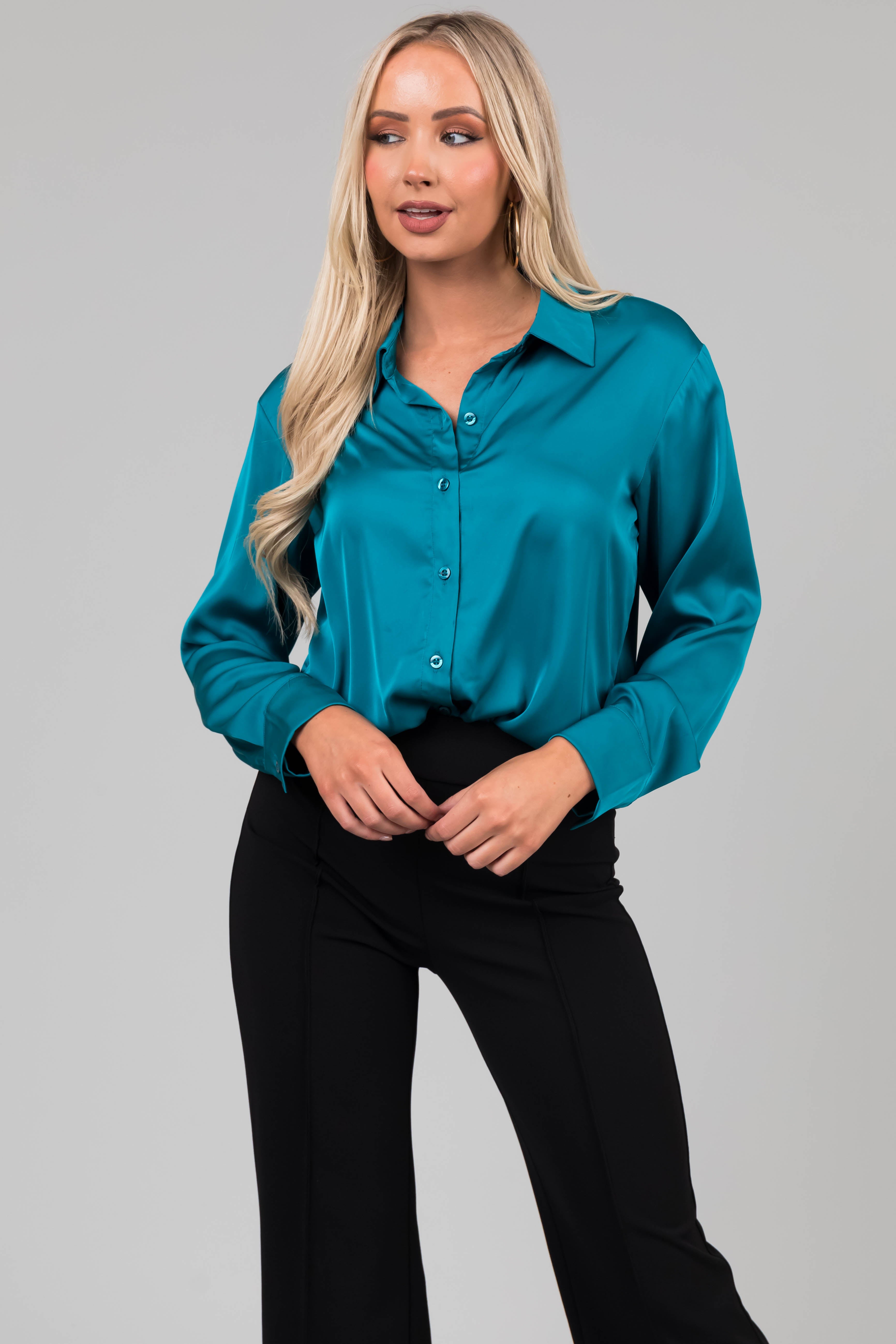 Teal Satin Button Front Collared Shirt-Newayad