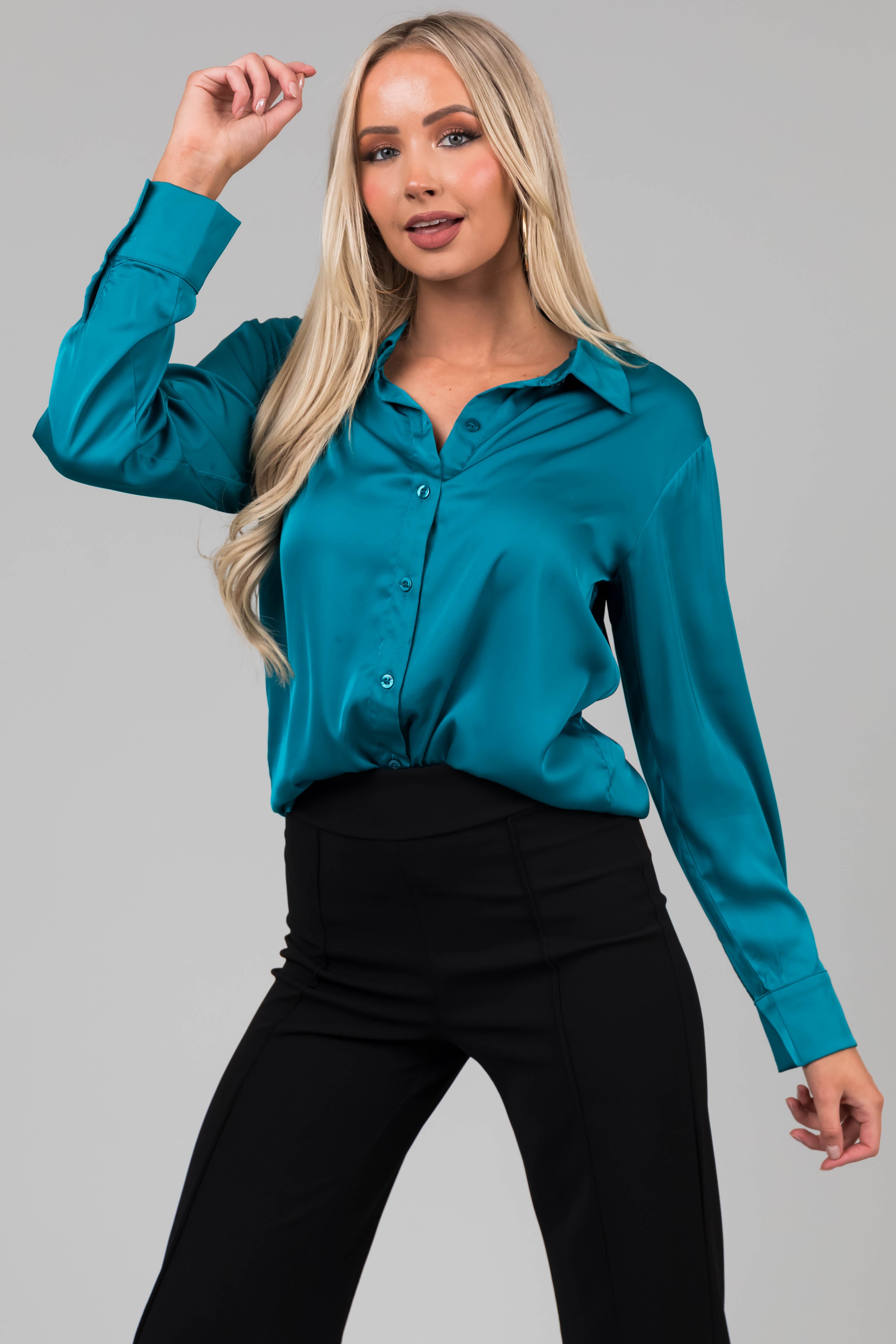 Teal Satin Button Front Collared Shirt-Newayad