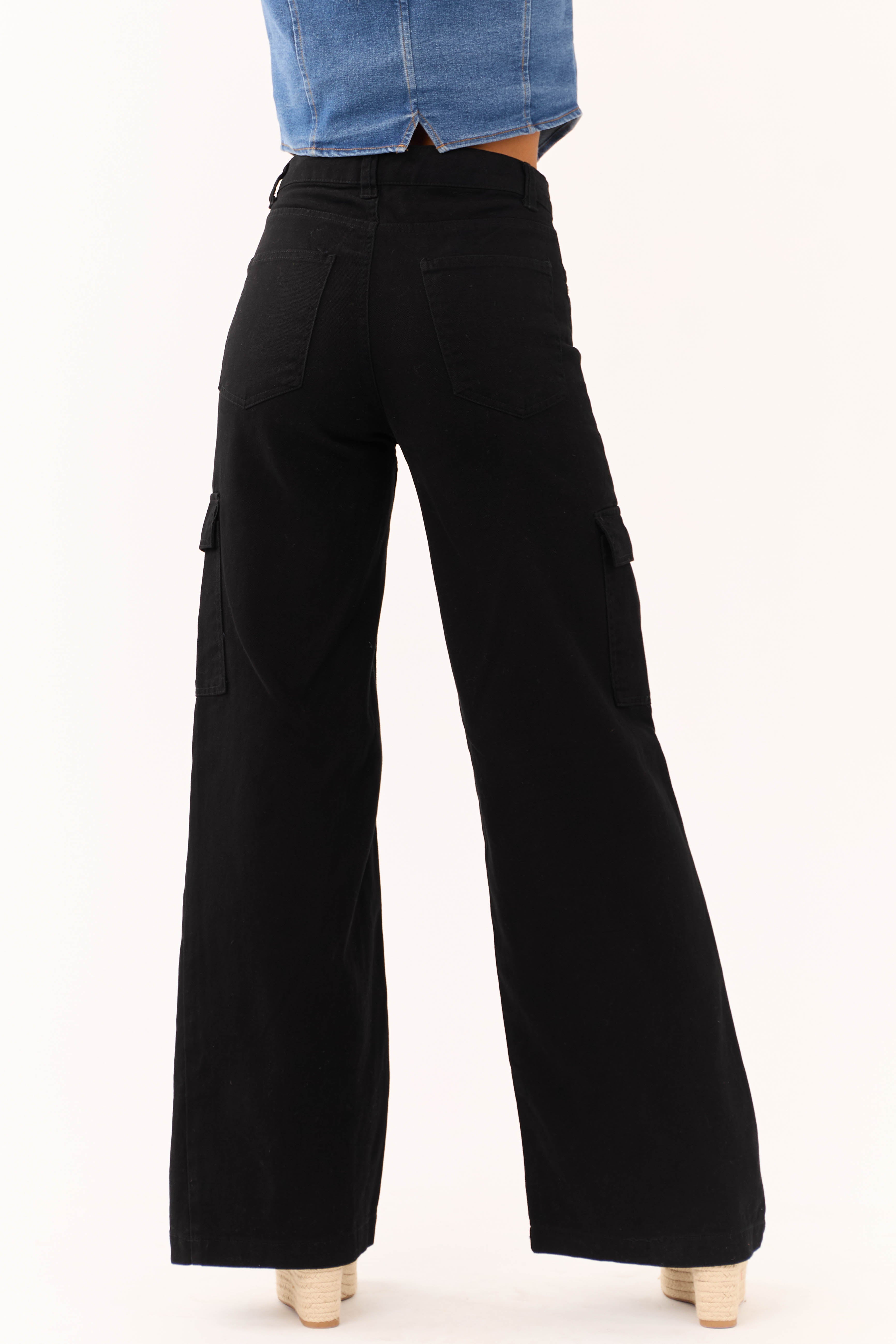 Timing Black High Rise Wide Leg Cargo Jeans with Pockets-Newayad