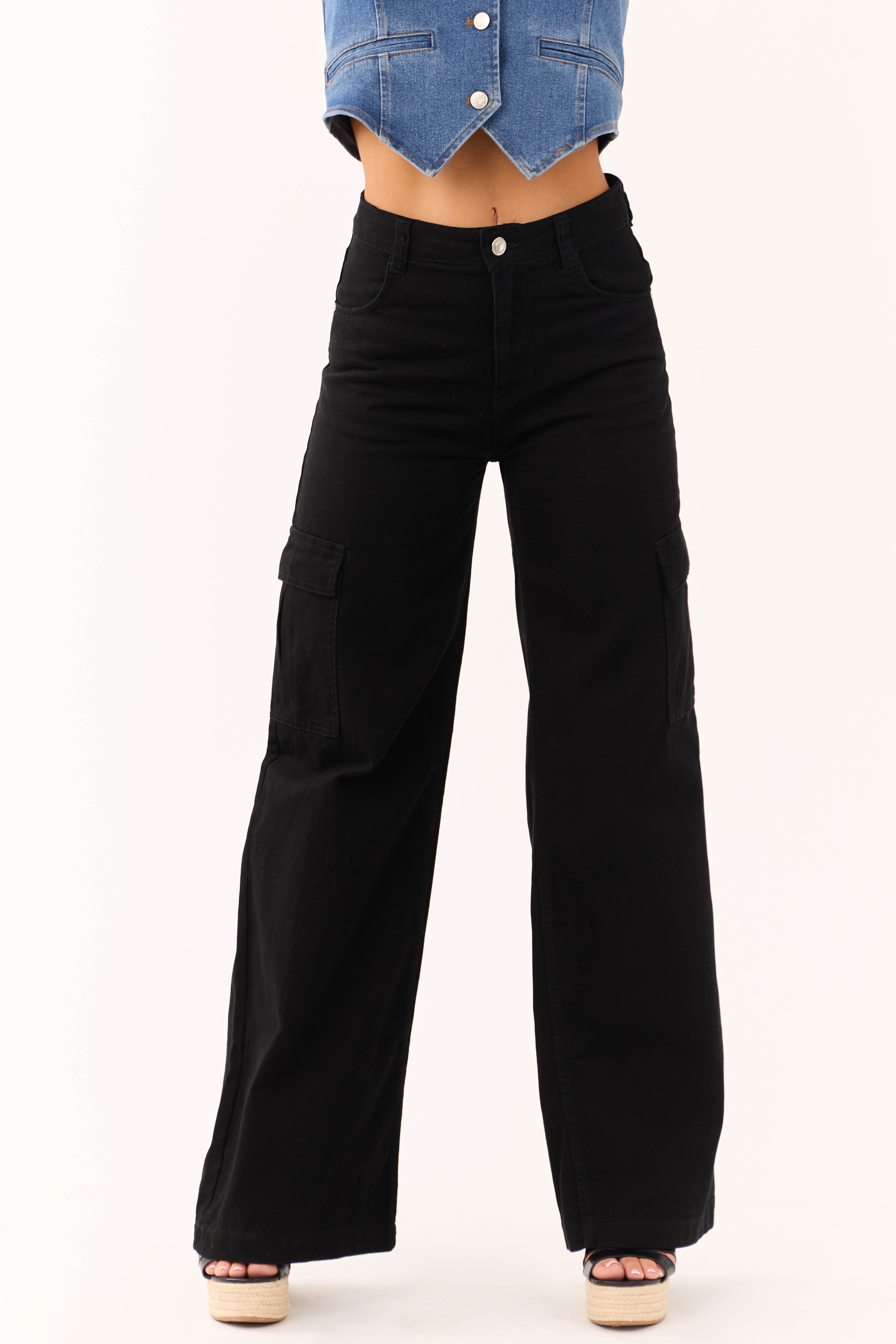 Timing Black High Rise Wide Leg Cargo Jeans with Pockets-Newayad
