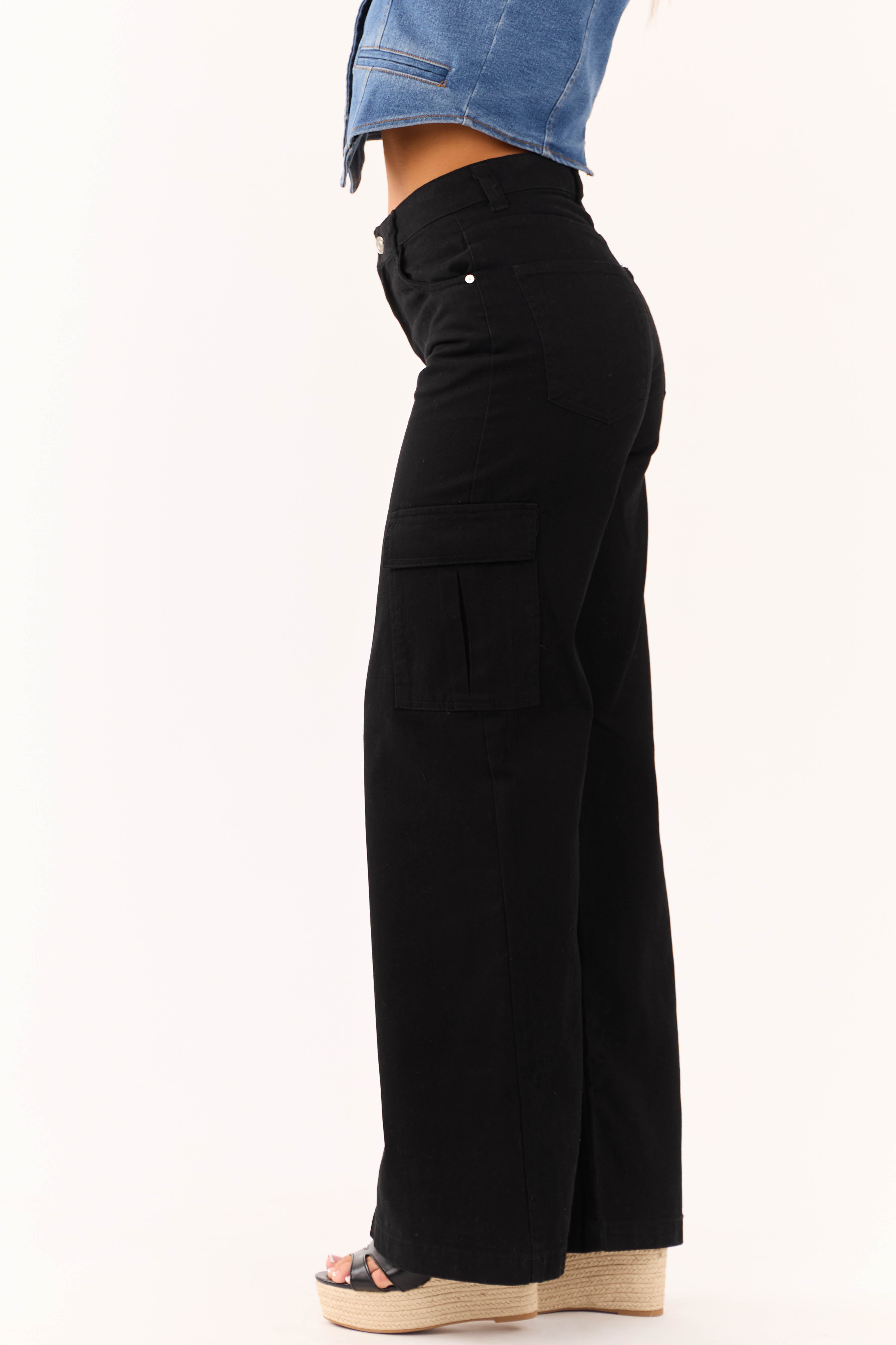 Timing Black High Rise Wide Leg Cargo Jeans with Pockets-Newayad