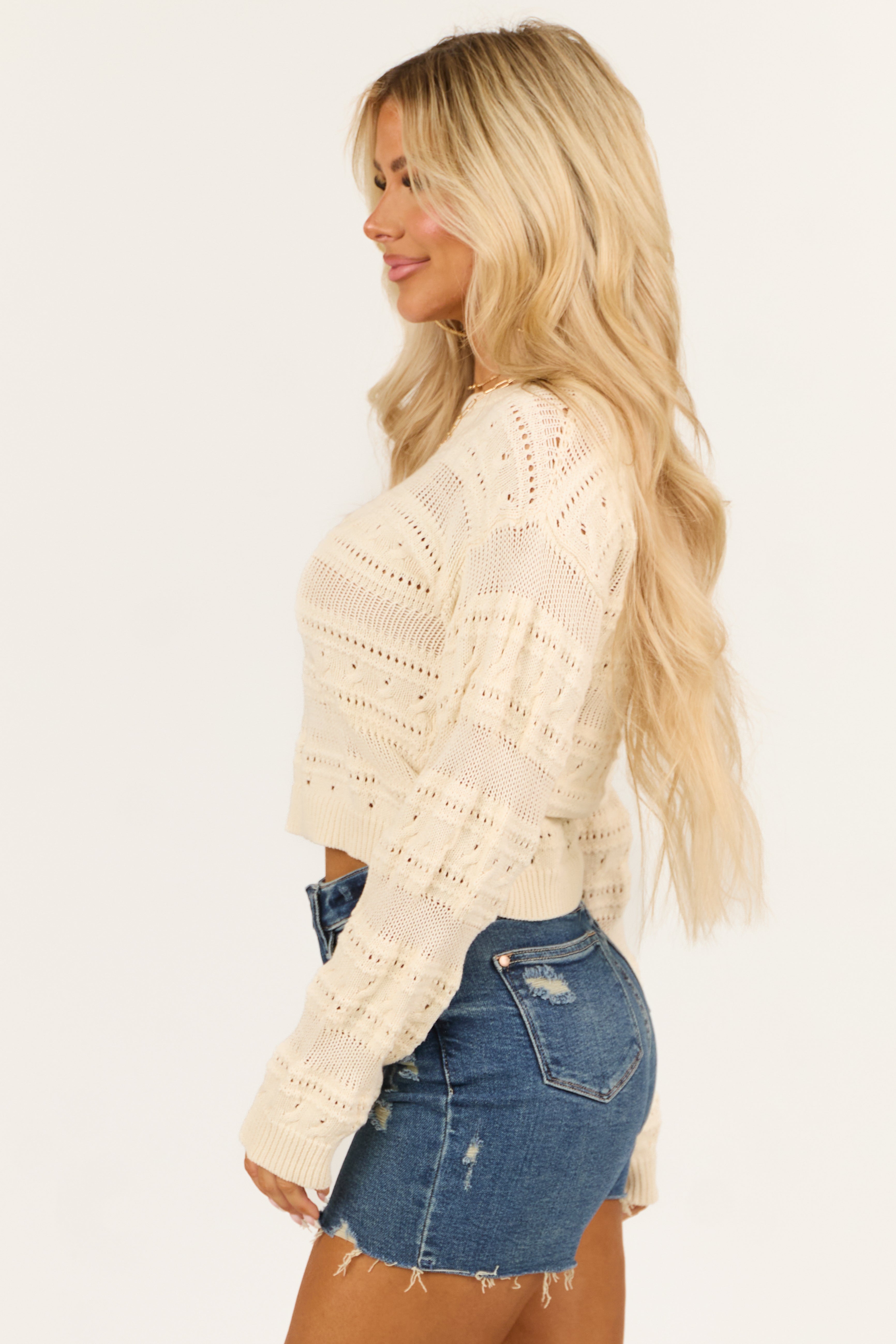 Vanilla Boatneck Open Crochet Knit Sweater-Newayad