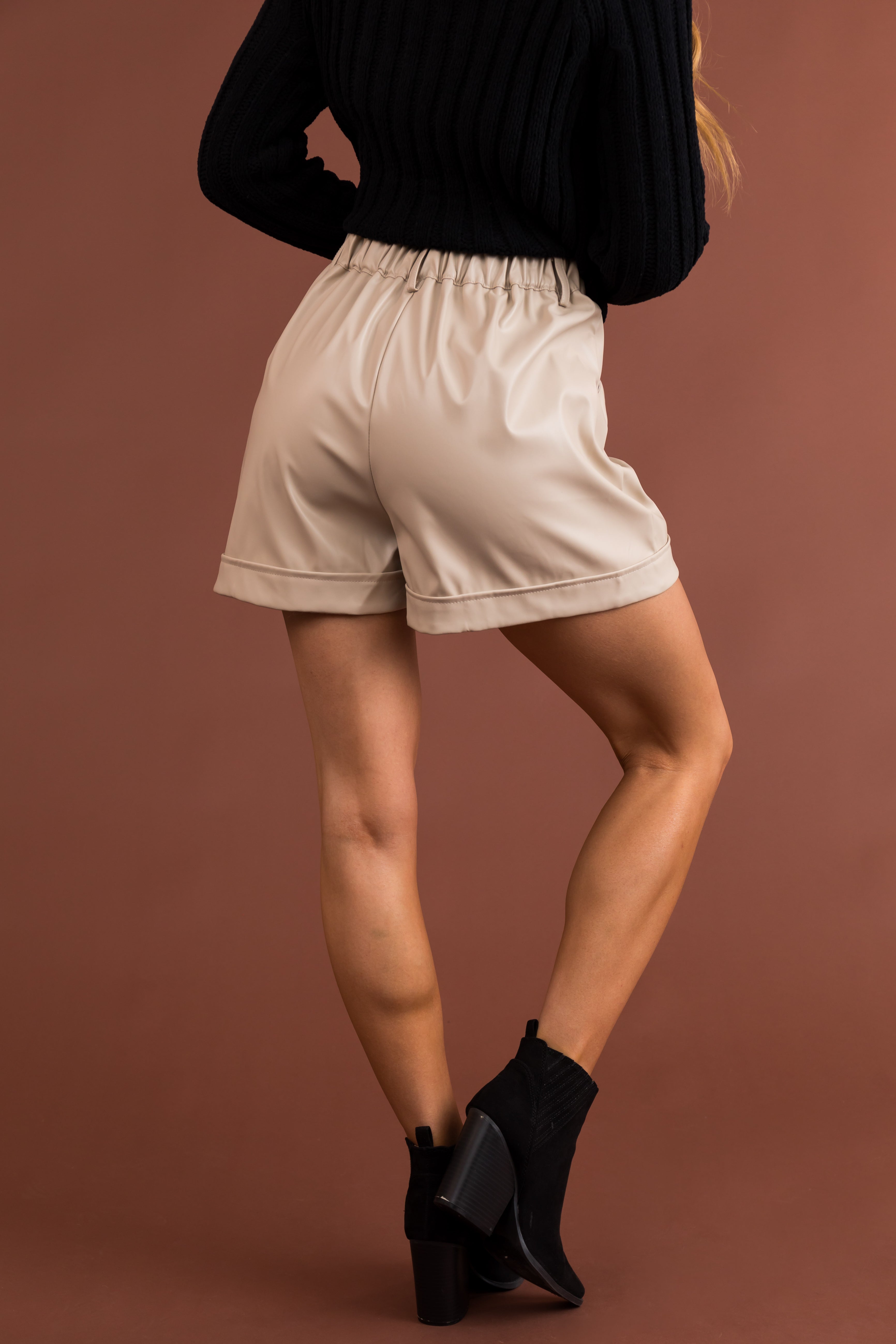 Vanilla Elastic Waist Faux Leather Shorts-Newayad