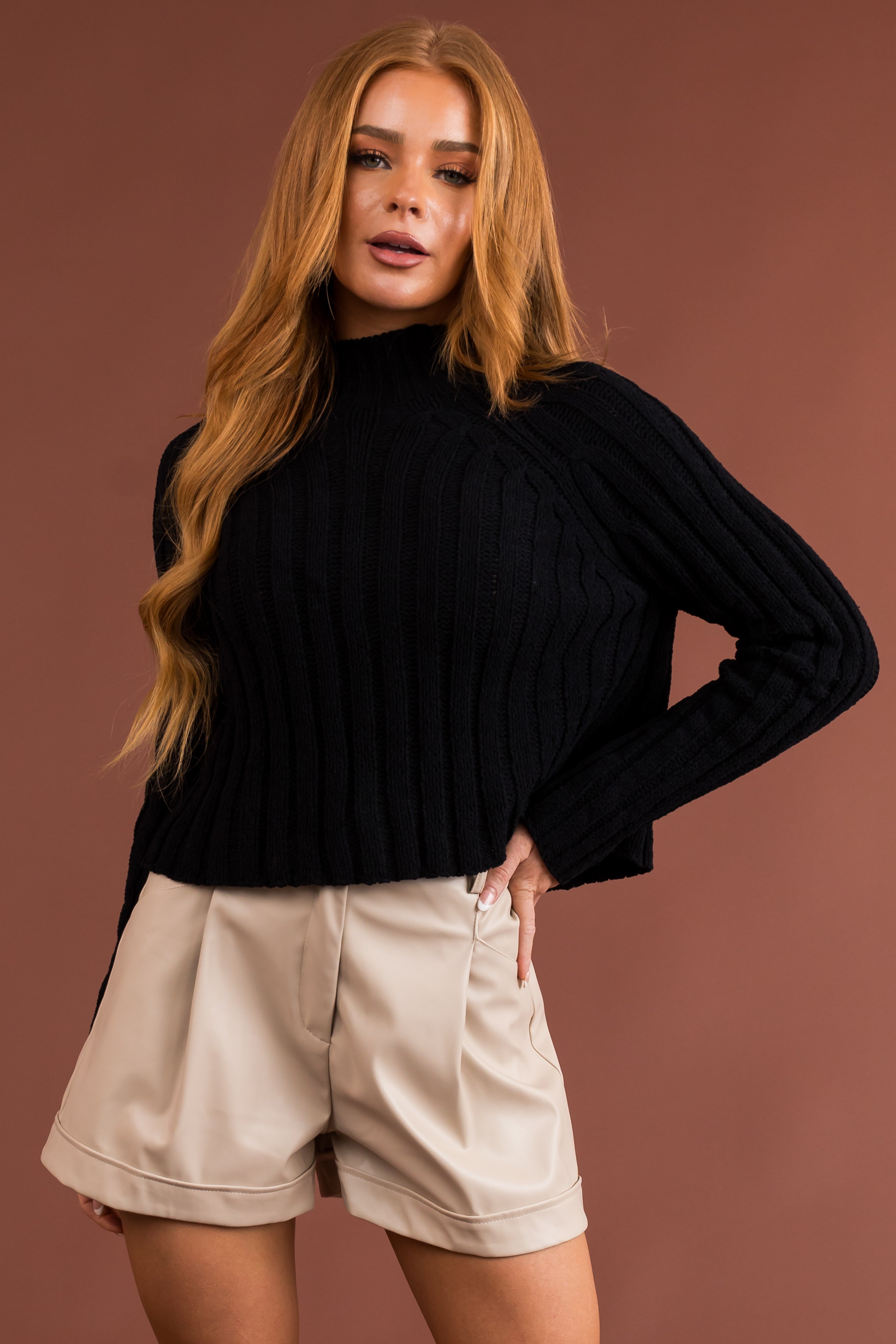 Vanilla Elastic Waist Faux Leather Shorts-Newayad