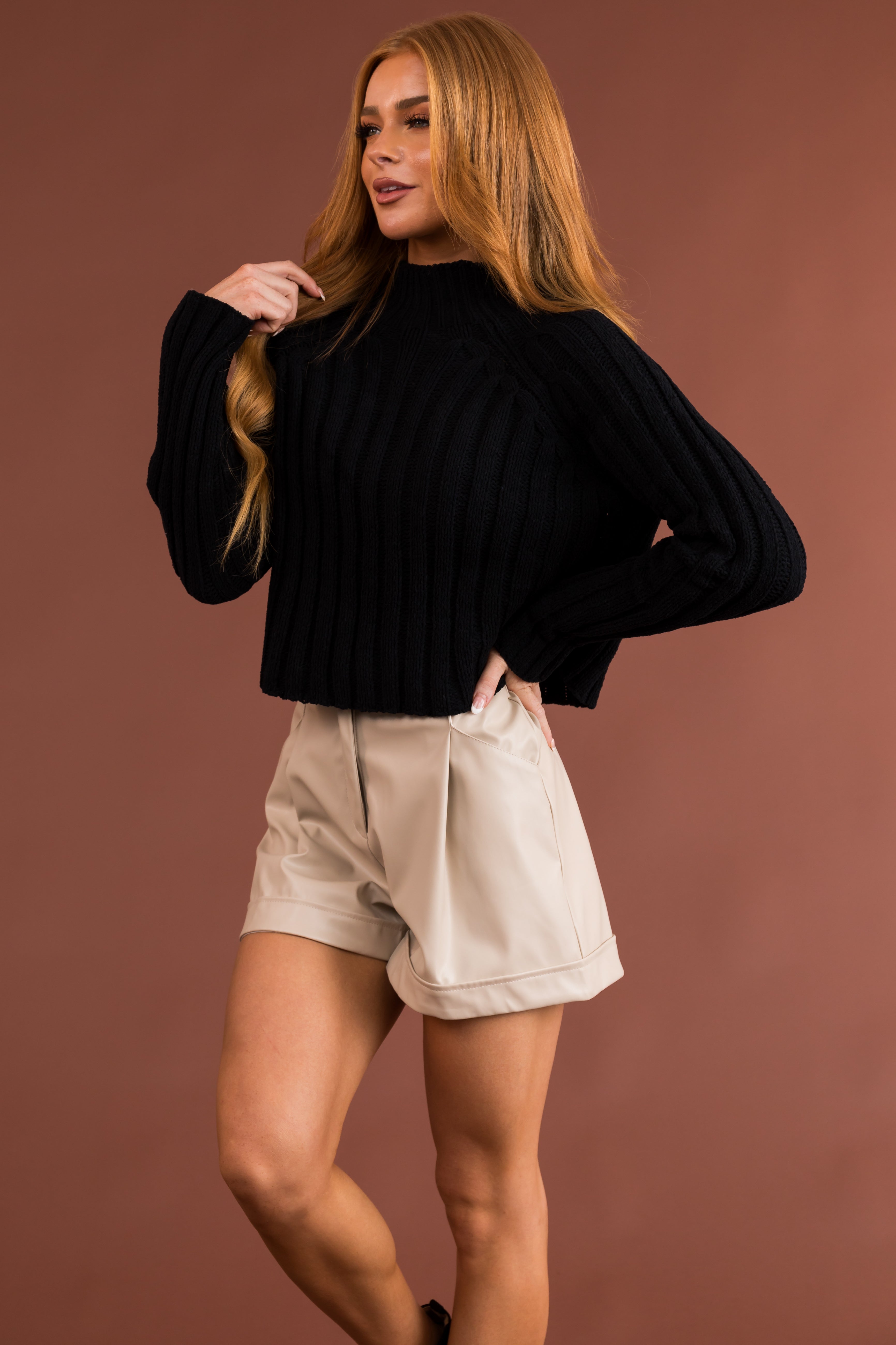 Vanilla Elastic Waist Faux Leather Shorts-Newayad