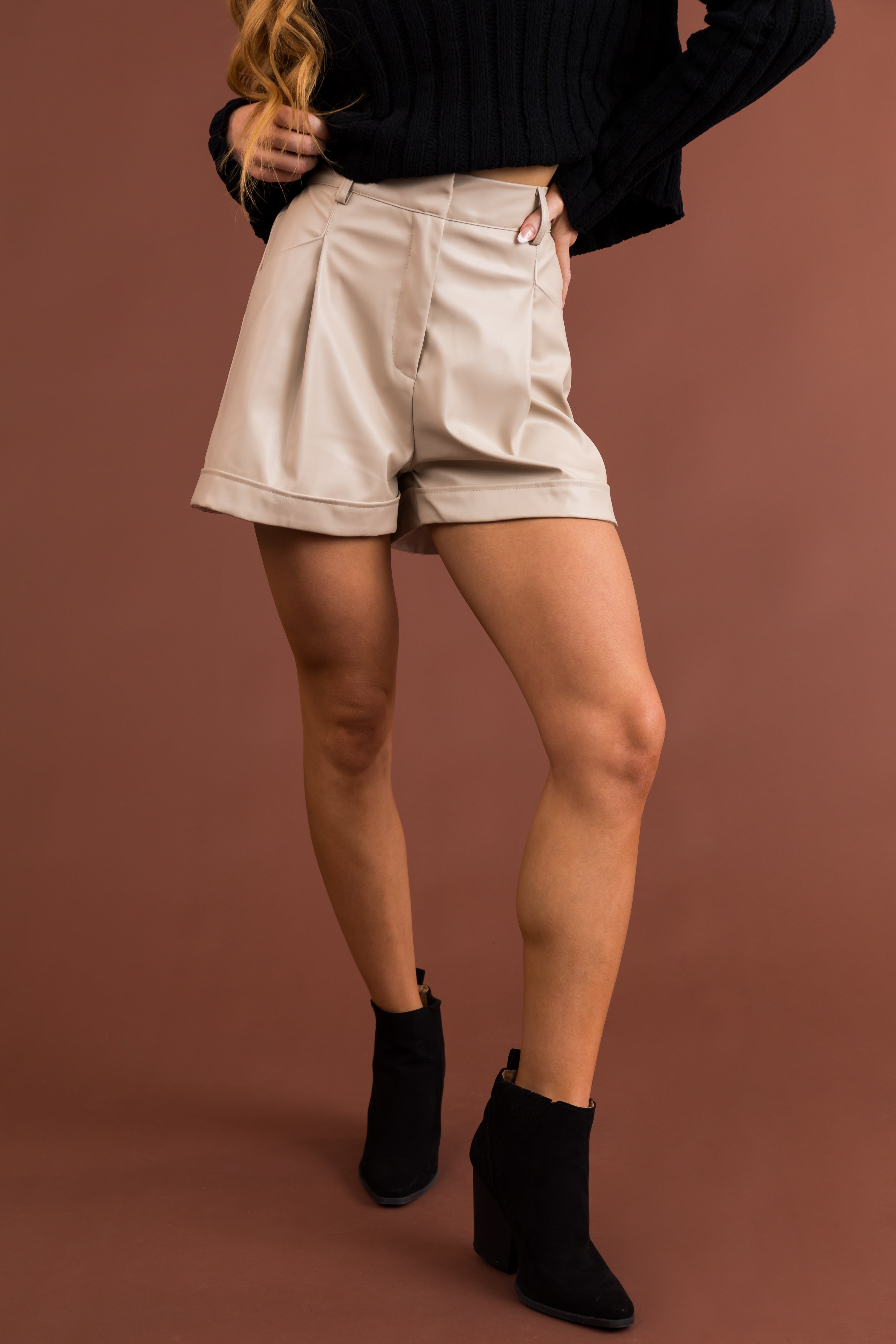 Vanilla Elastic Waist Faux Leather Shorts-Newayad