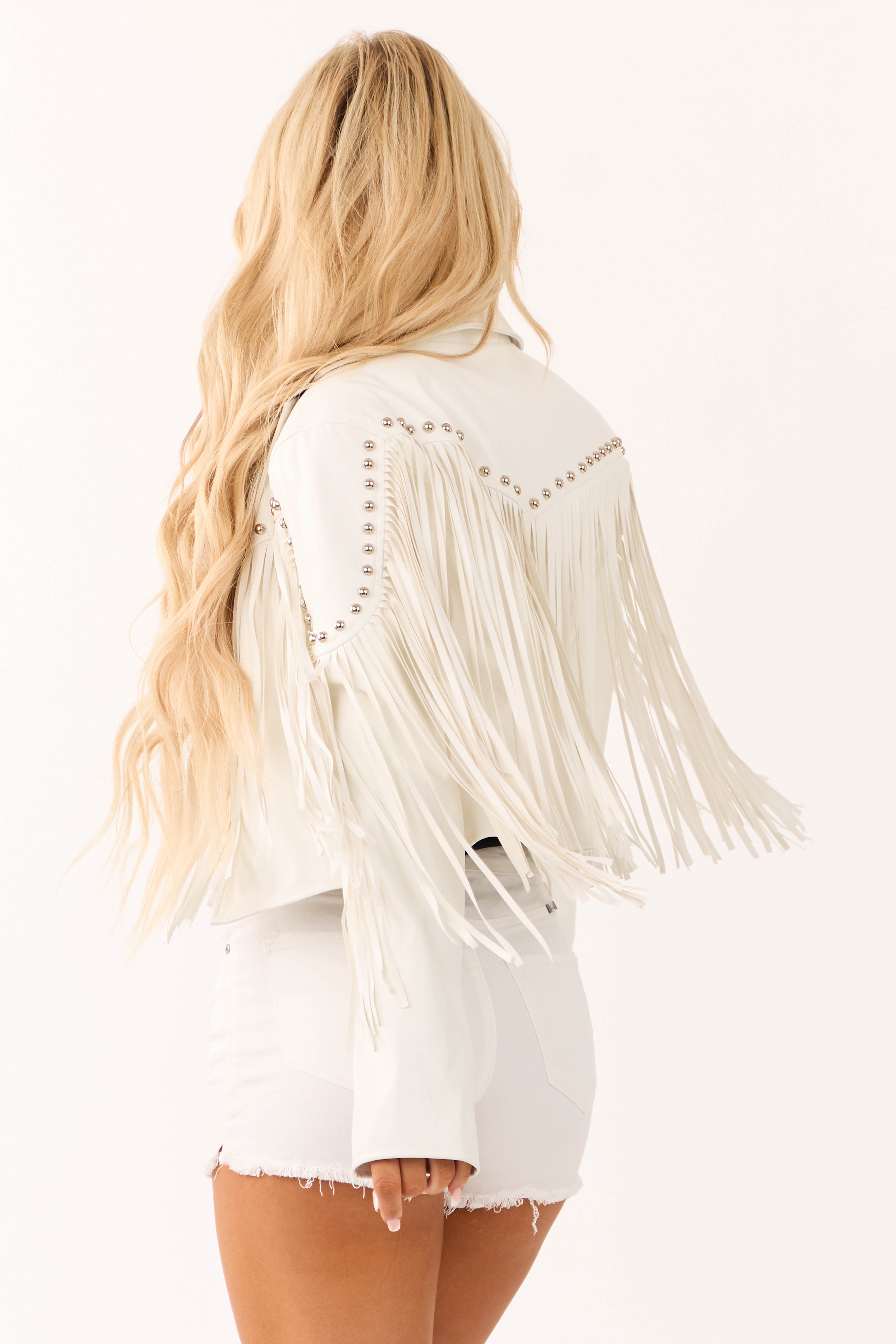 Vanilla Stud Detail Fringe Pleather Jacket-Newayad