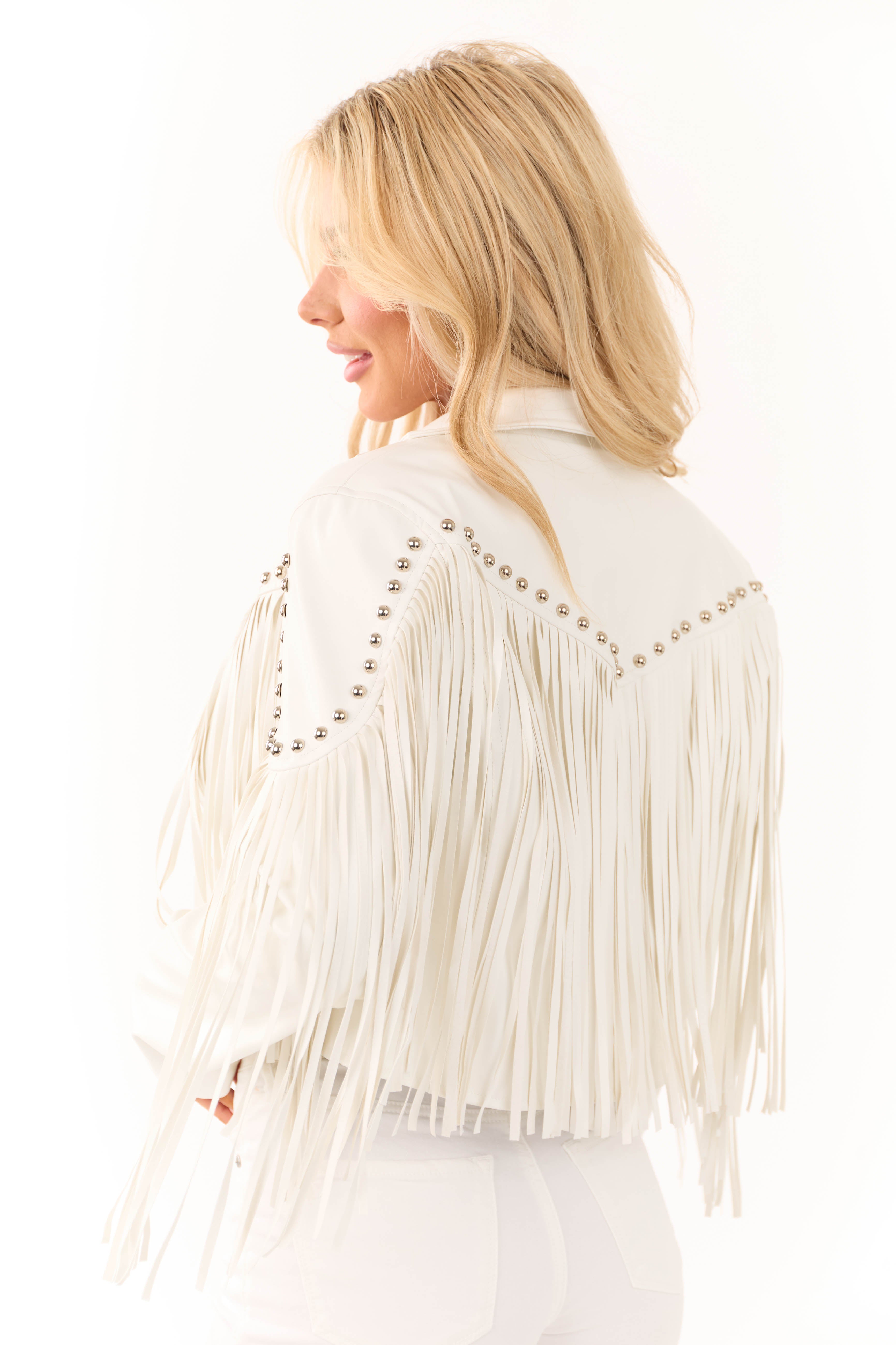 Vanilla Stud Detail Fringe Pleather Jacket-Newayad