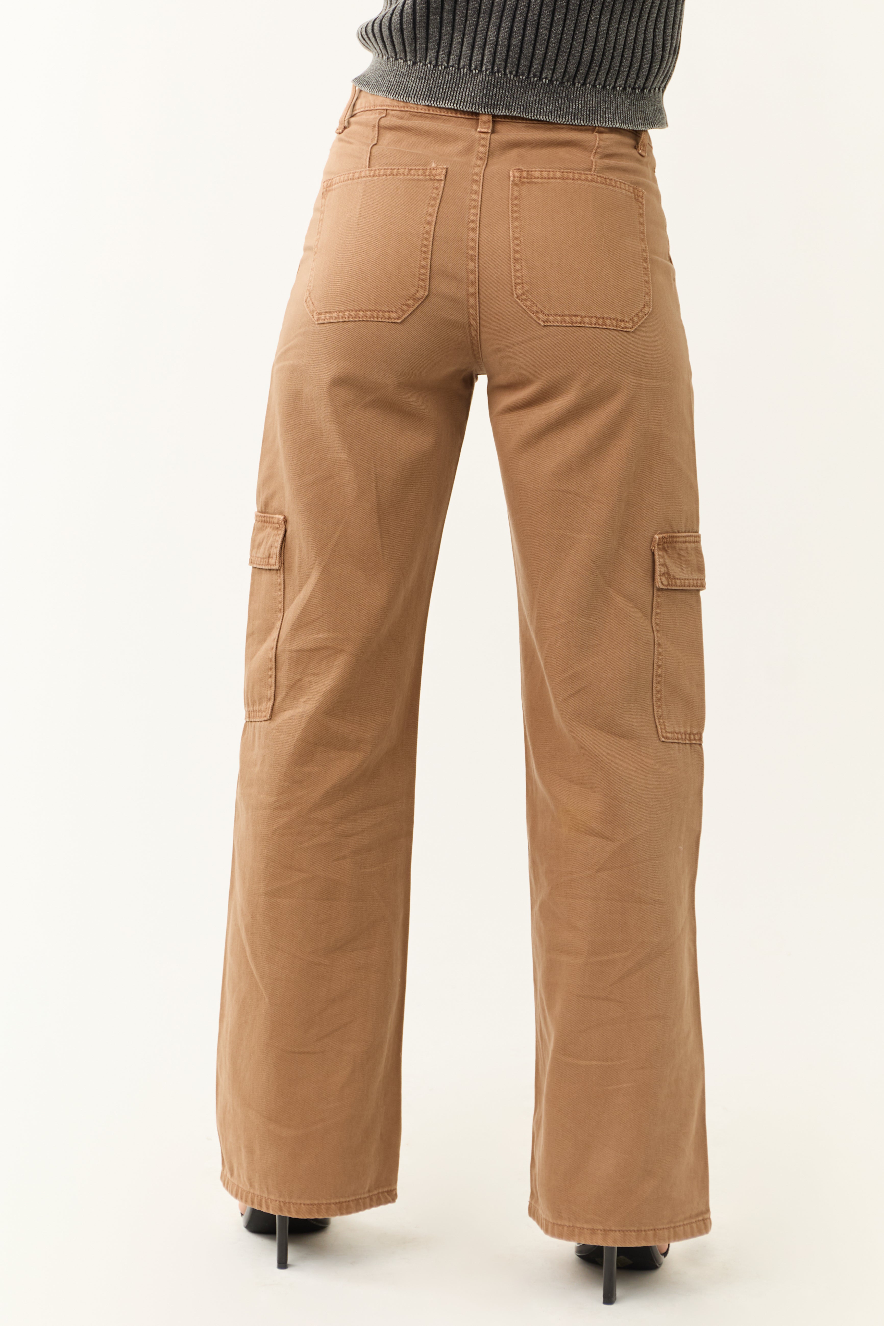 Vervet Coffee High Rise Wide Leg Cargo Jeans-Newayad