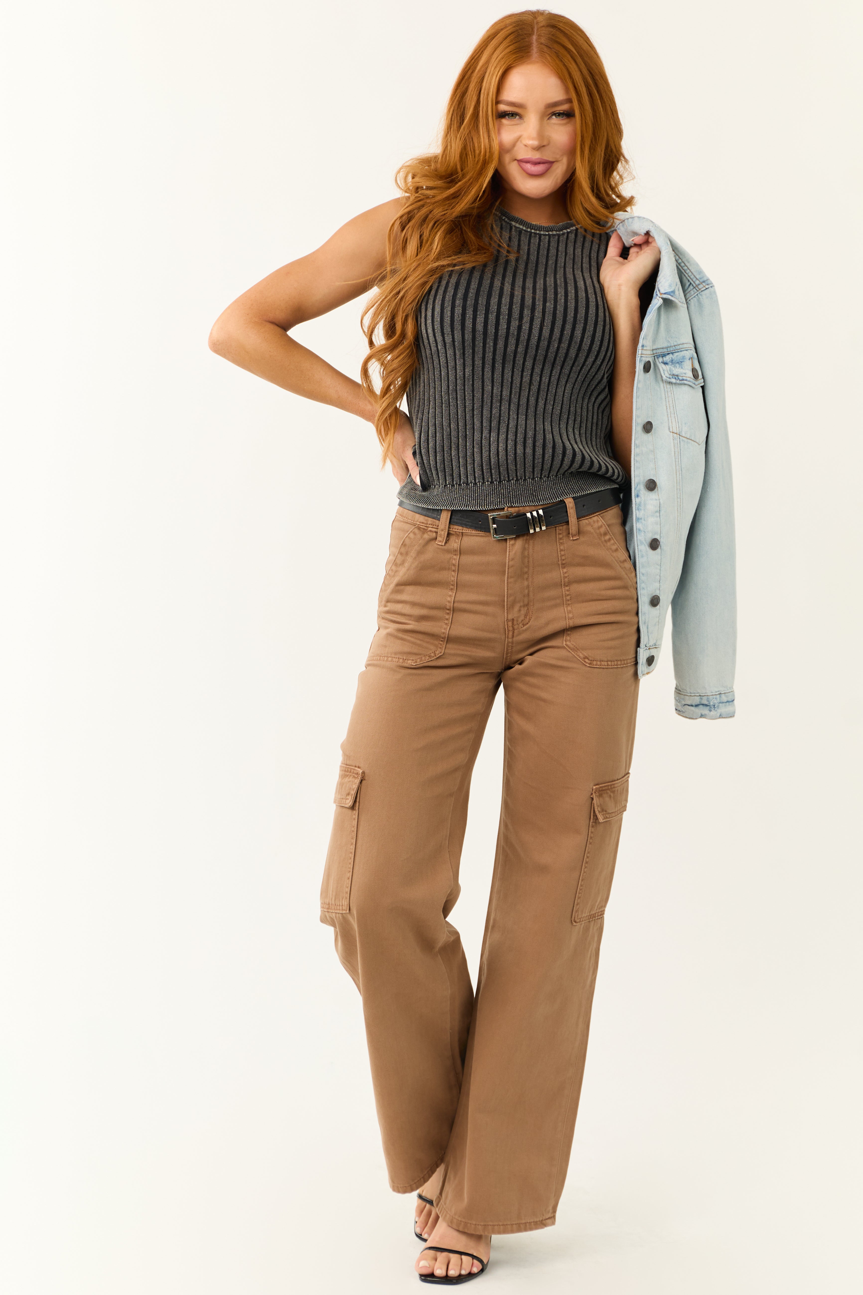 Vervet Coffee High Rise Wide Leg Cargo Jeans-Newayad