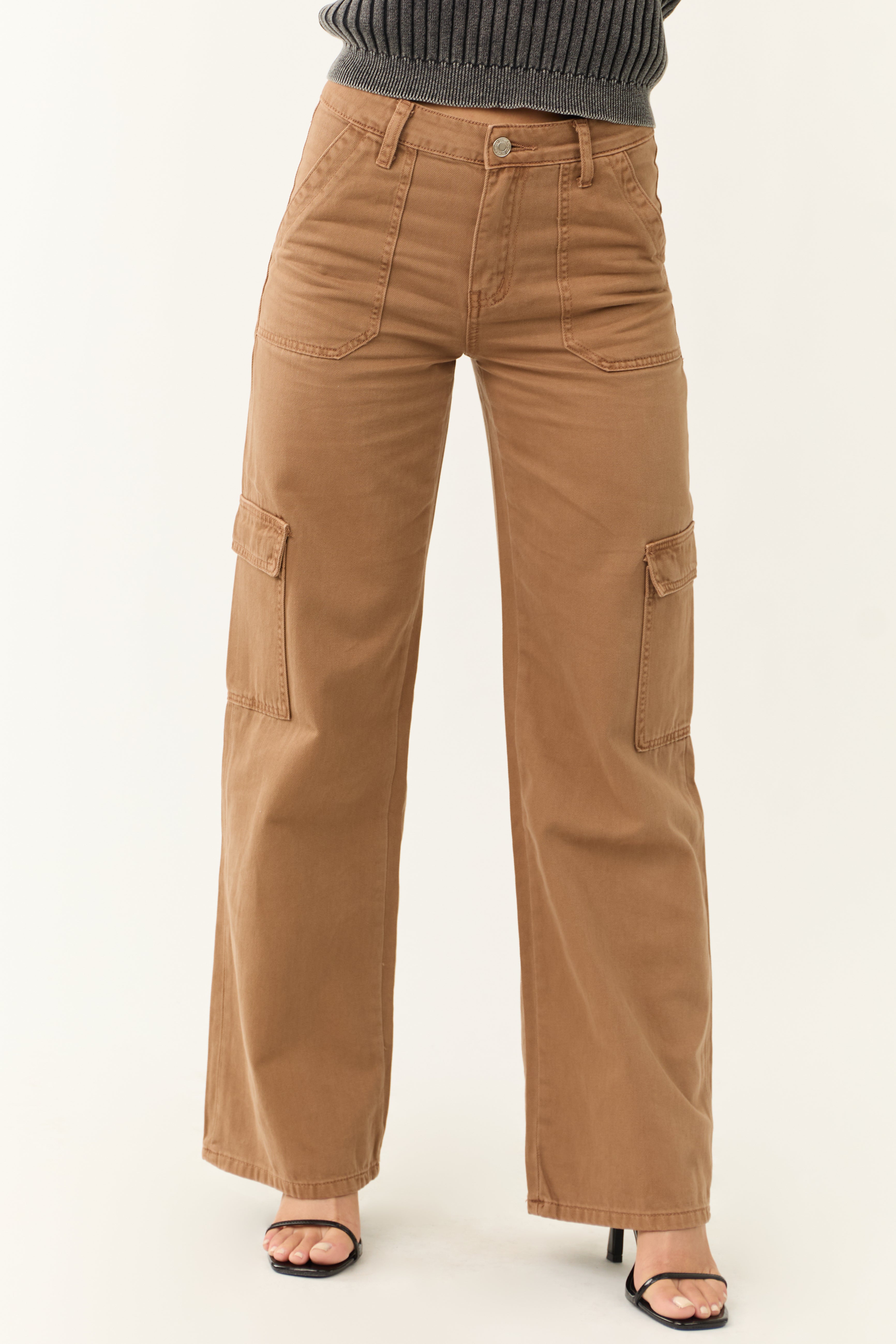 Vervet Coffee High Rise Wide Leg Cargo Jeans-Newayad