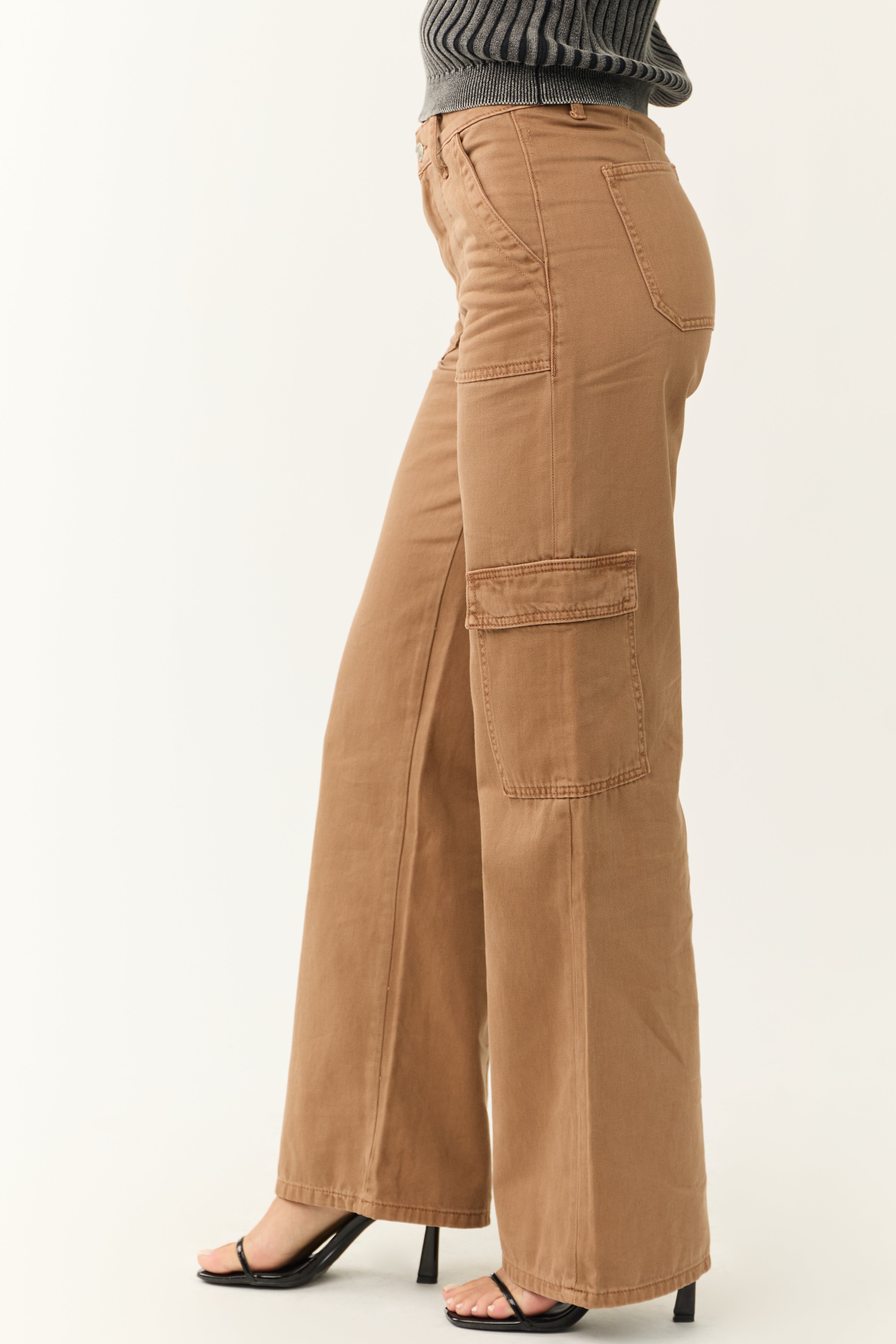 Vervet Coffee High Rise Wide Leg Cargo Jeans-Newayad