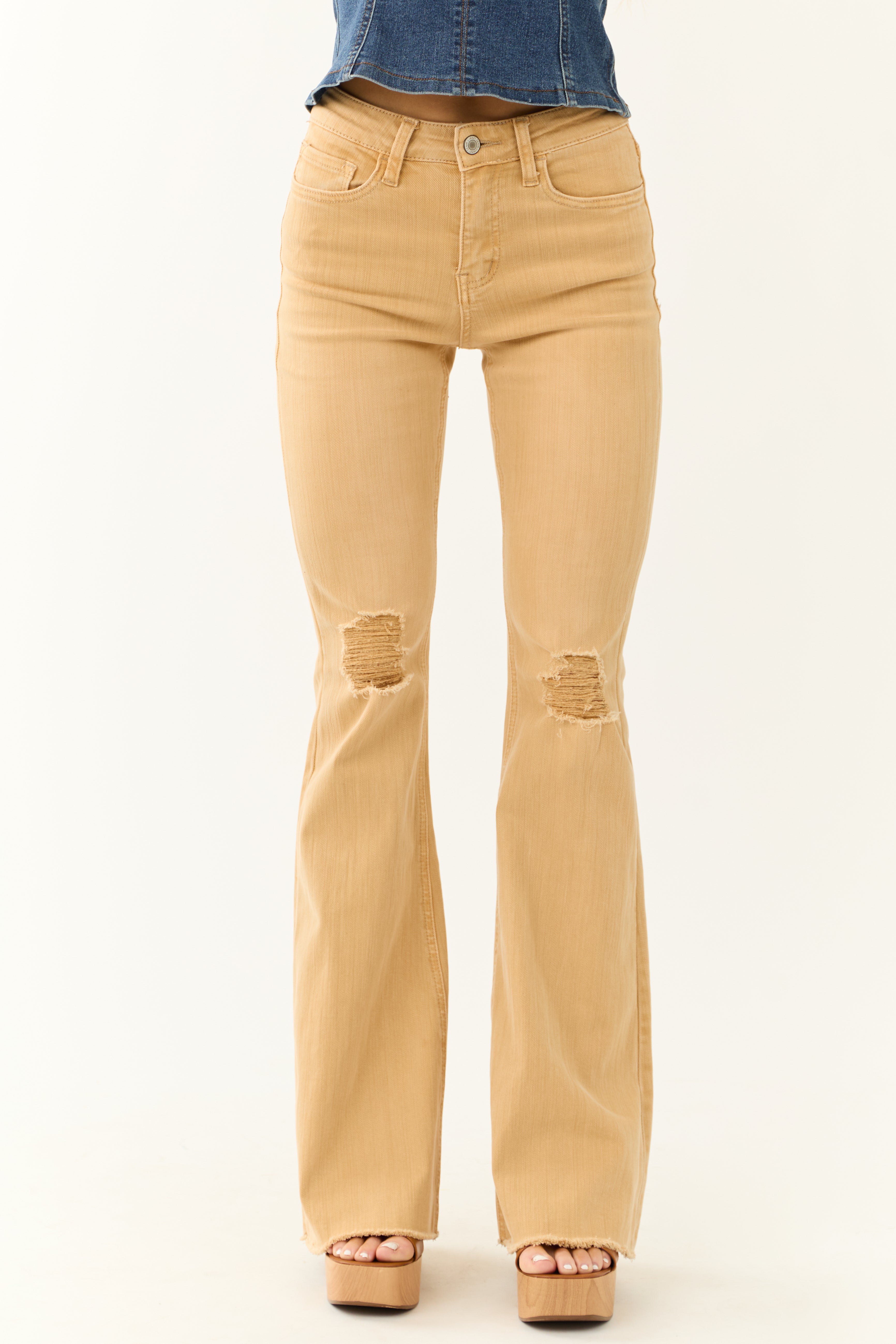 Vervet Light Mustard Flare Distressed Jeans-Newayad
